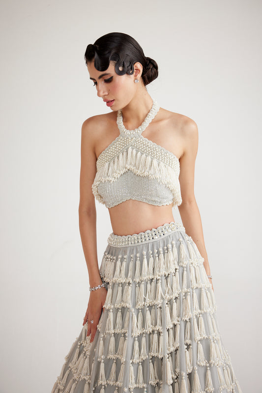 Powder Grey Chandelier Pearl Drop Crop Top Skirt Set