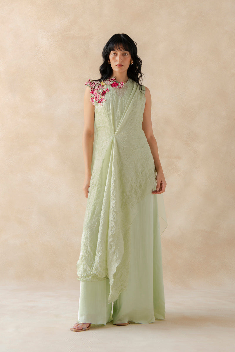 Embroidered Crush Overlay With Jumpsuit
