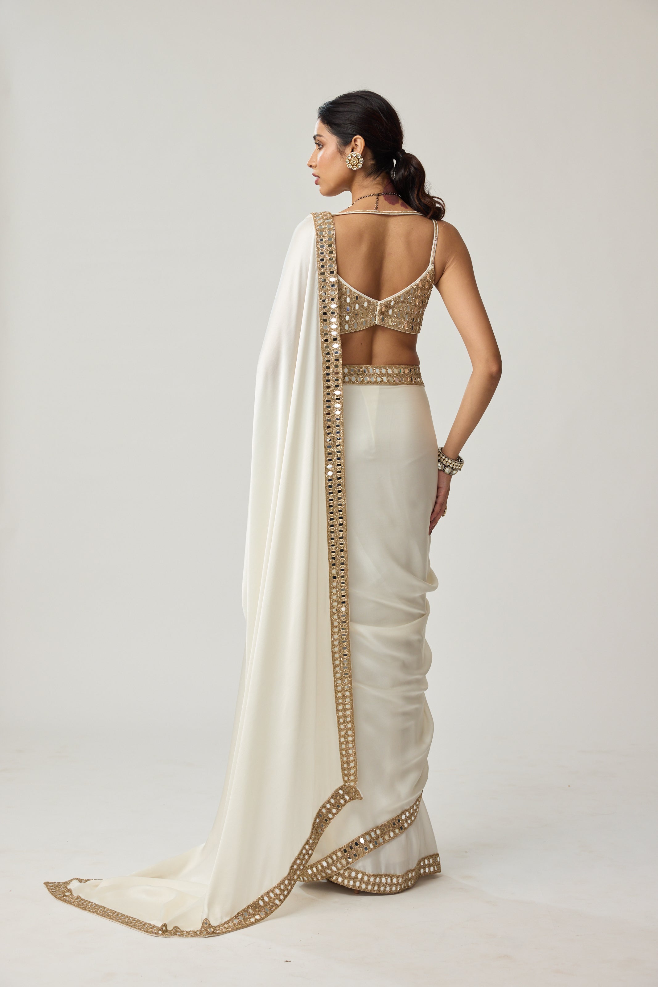 Off White Mirror Satin Saree Set