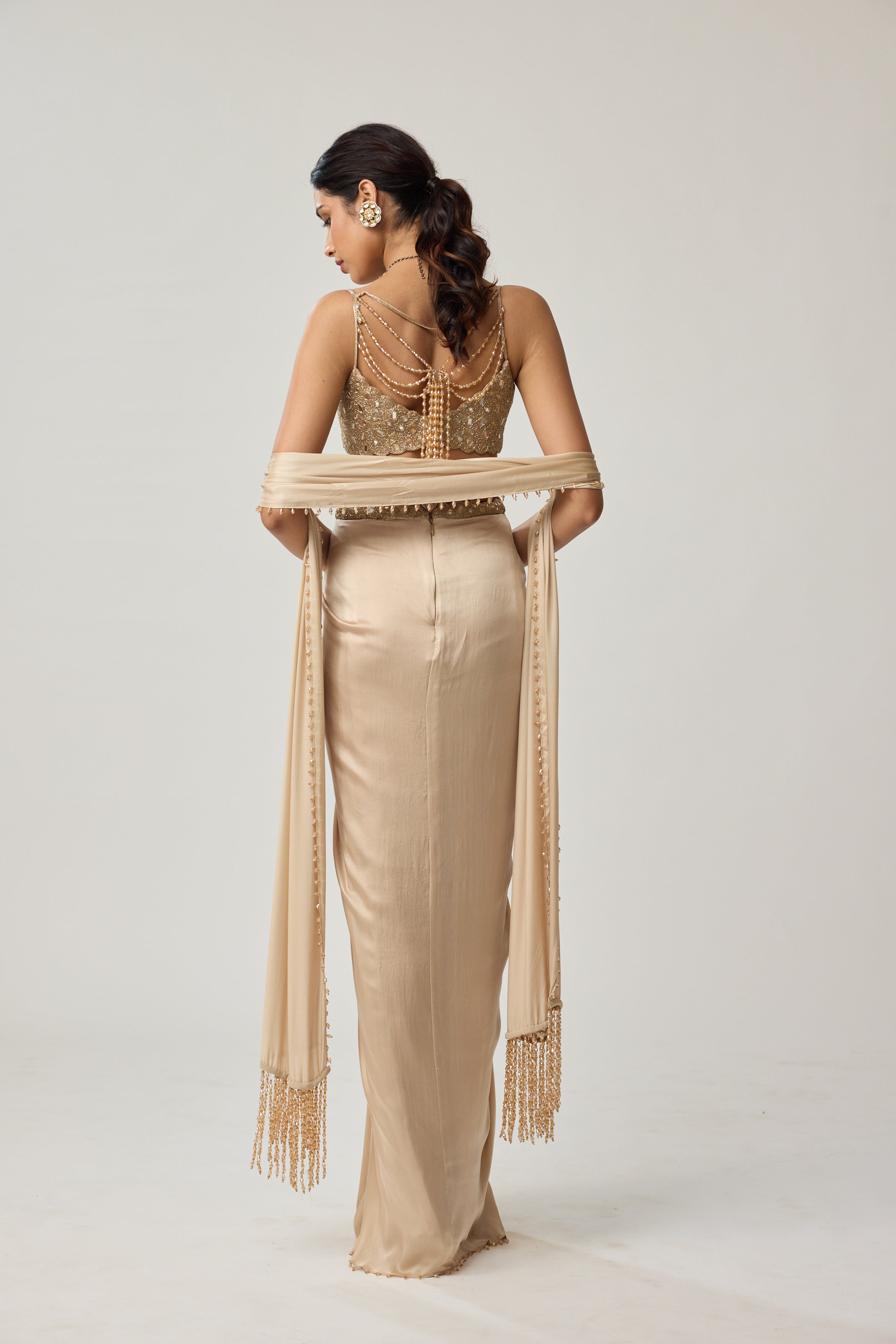 Light beige Mirror Satin draped skirt Set