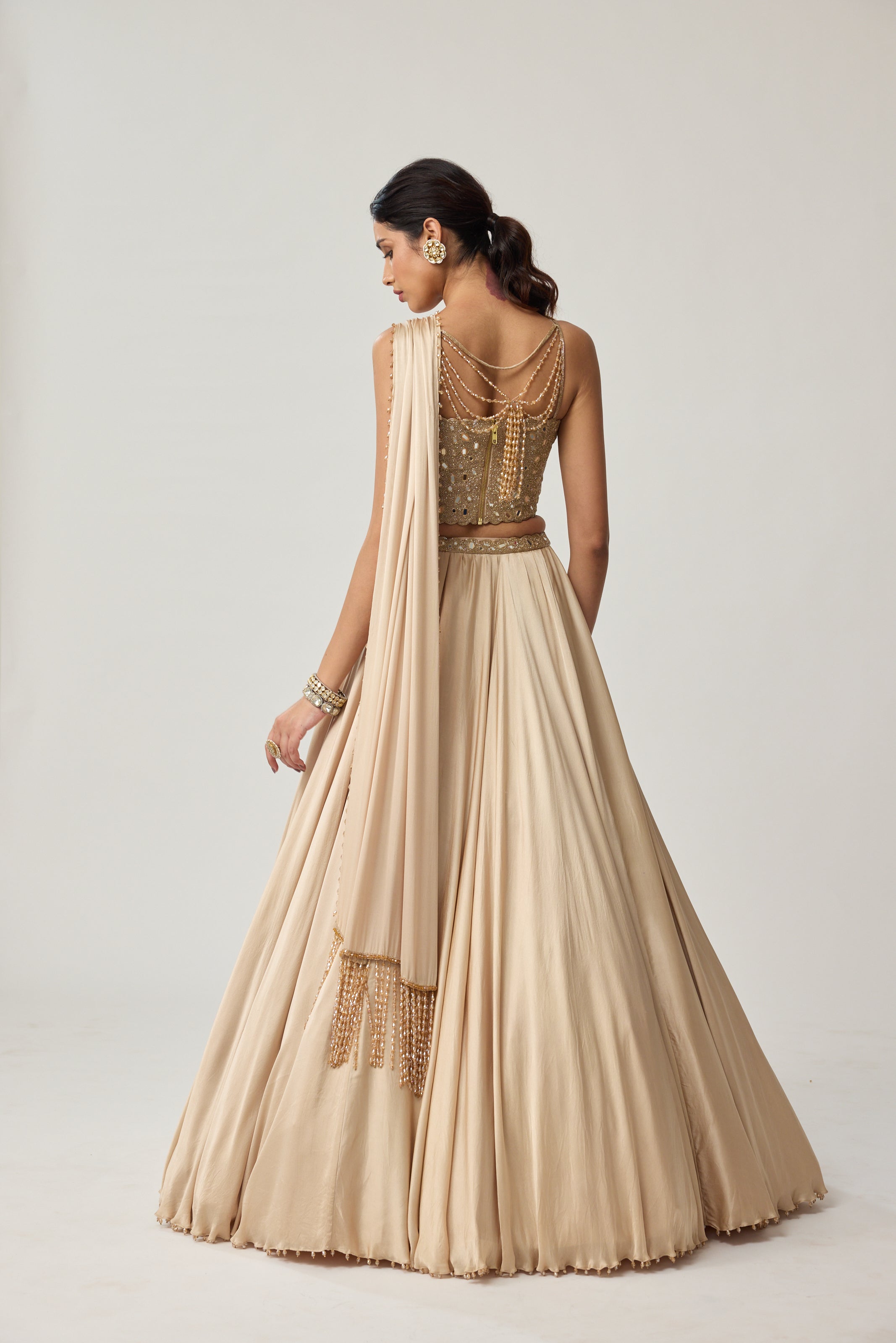 Light Beige Mirror Corset Satin skirt Set