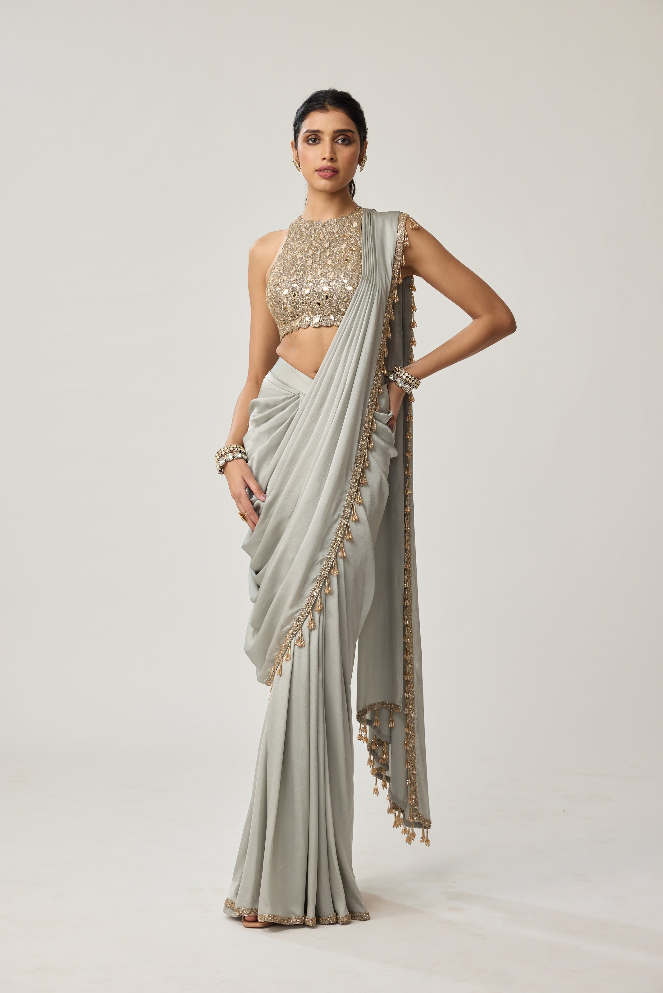 Powder Grey Mirror Satin Saree Set