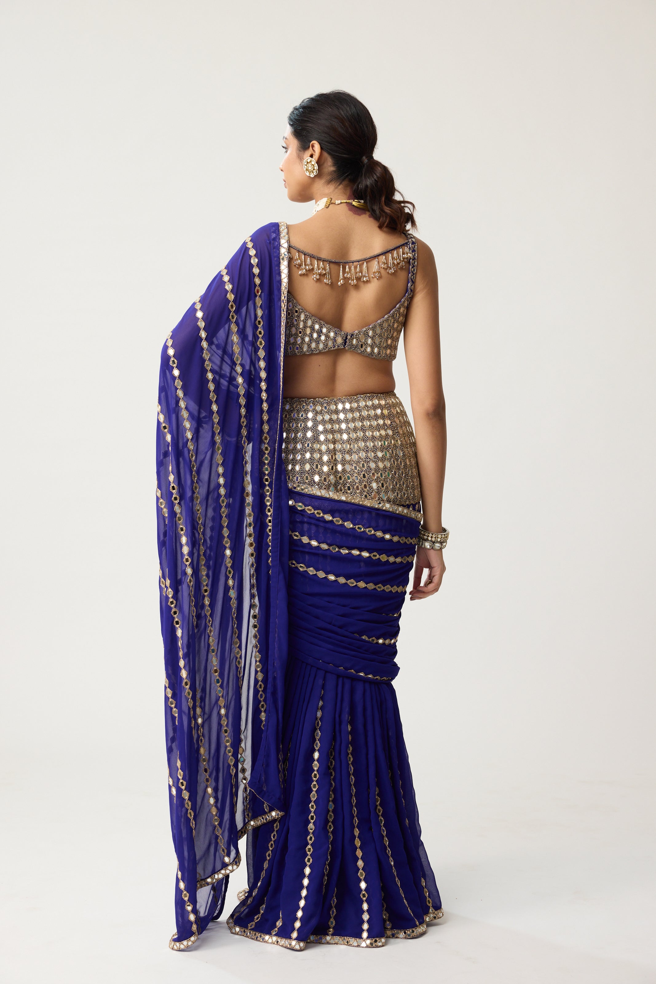 Persian Blue Fitted Linear Mirror Saree Set