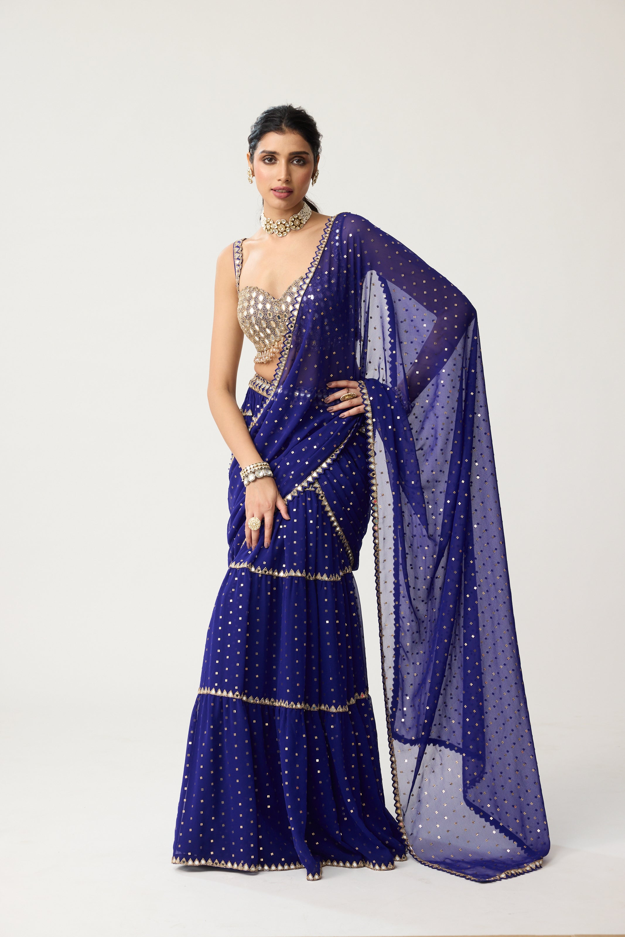 Persian Blue Multi-tier Mirror Saree Set