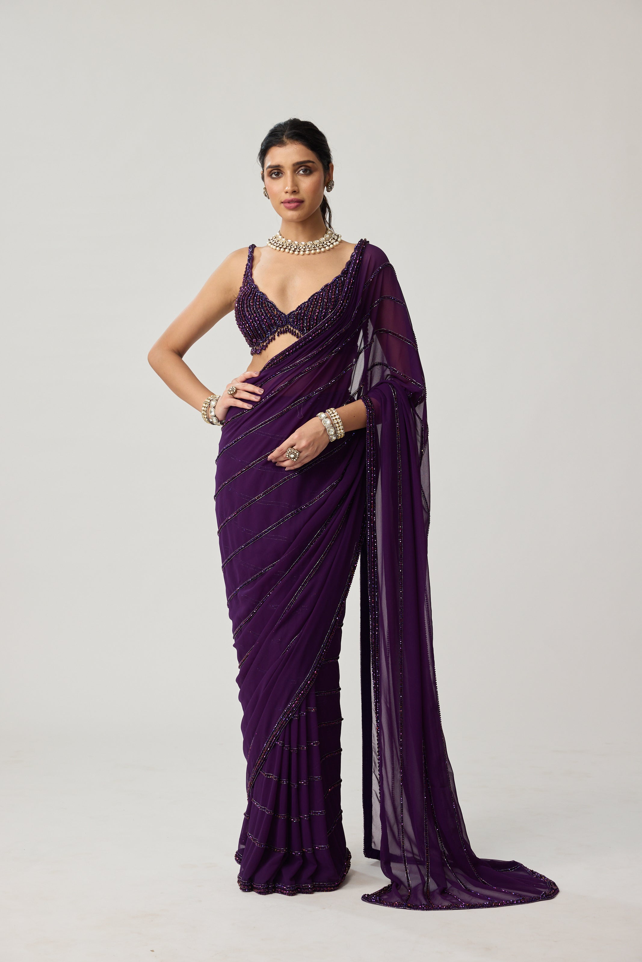 Royalty purple Crystal saree set
