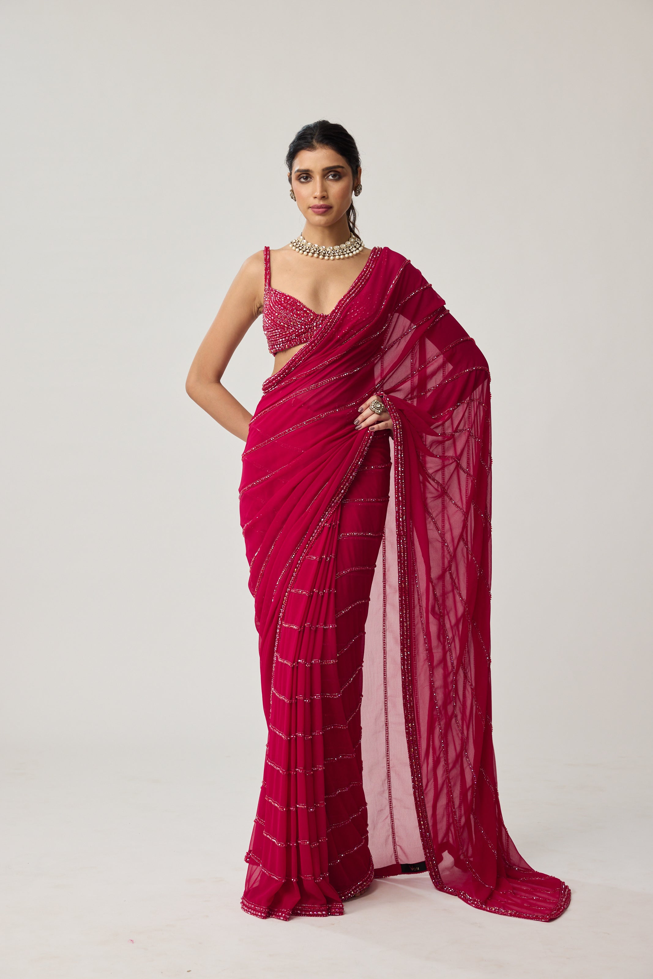 Ruby Red Crystal Saree set