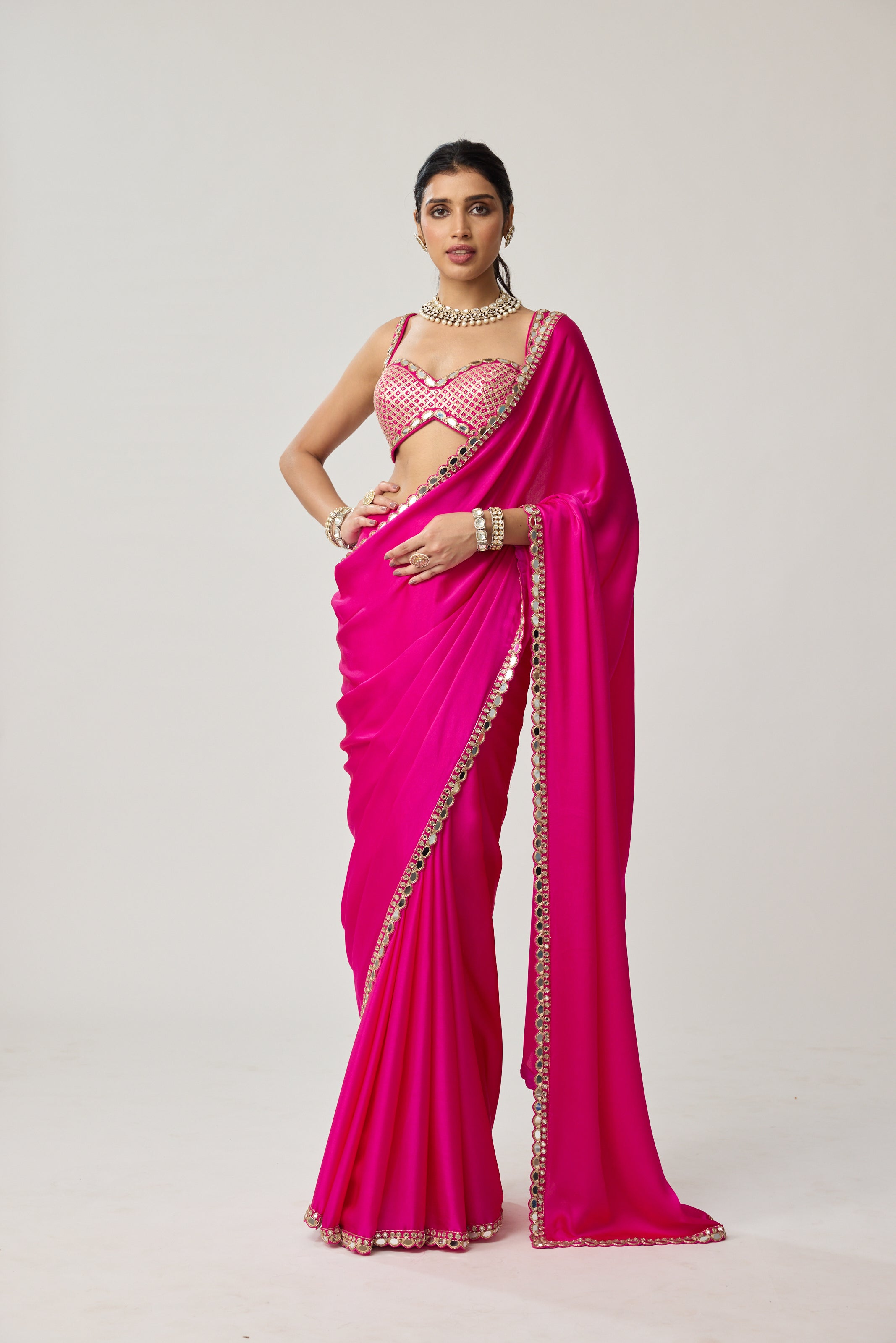 Fuchsia Pink Gota Mirror Saree Set