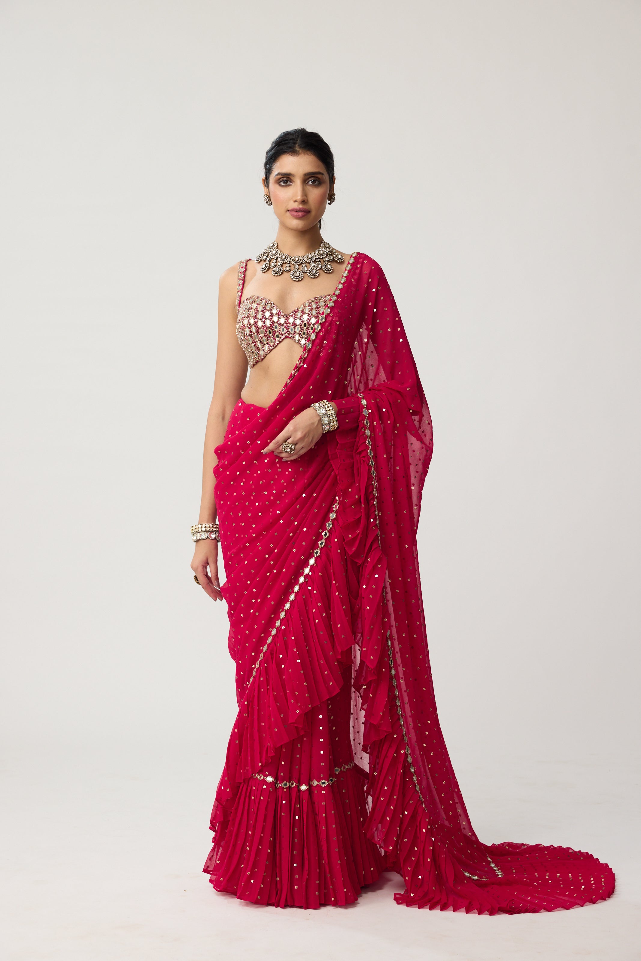 Crimson Red Ruffle Sequins Mirror Saree Set