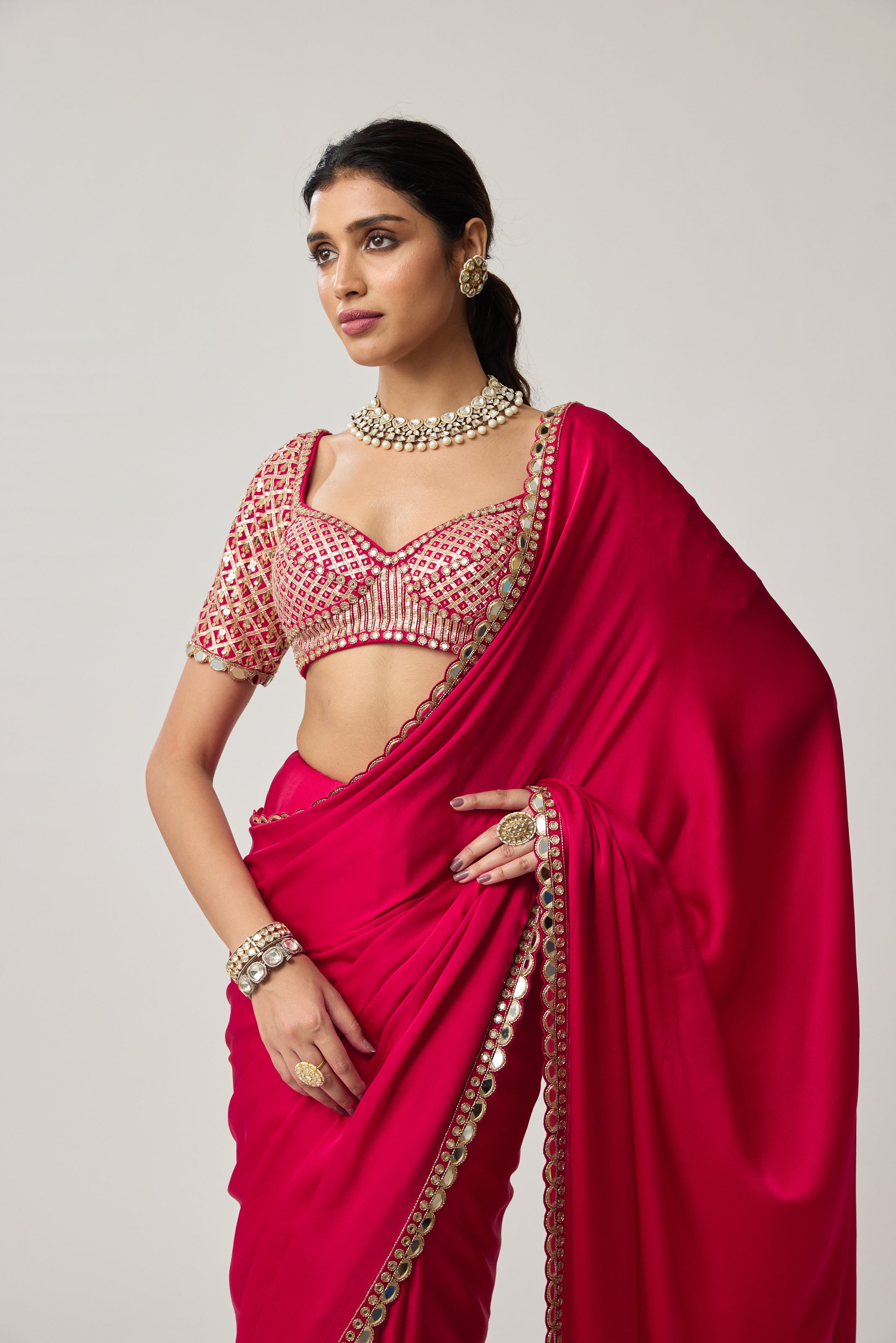 Crimson Red Gota Mirror Satin Saree Set