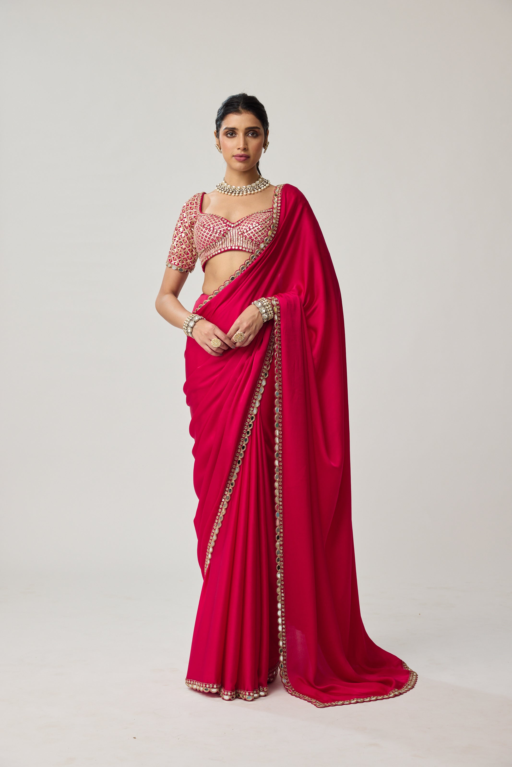 Crimson Red Gota Mirror Satin Saree Set