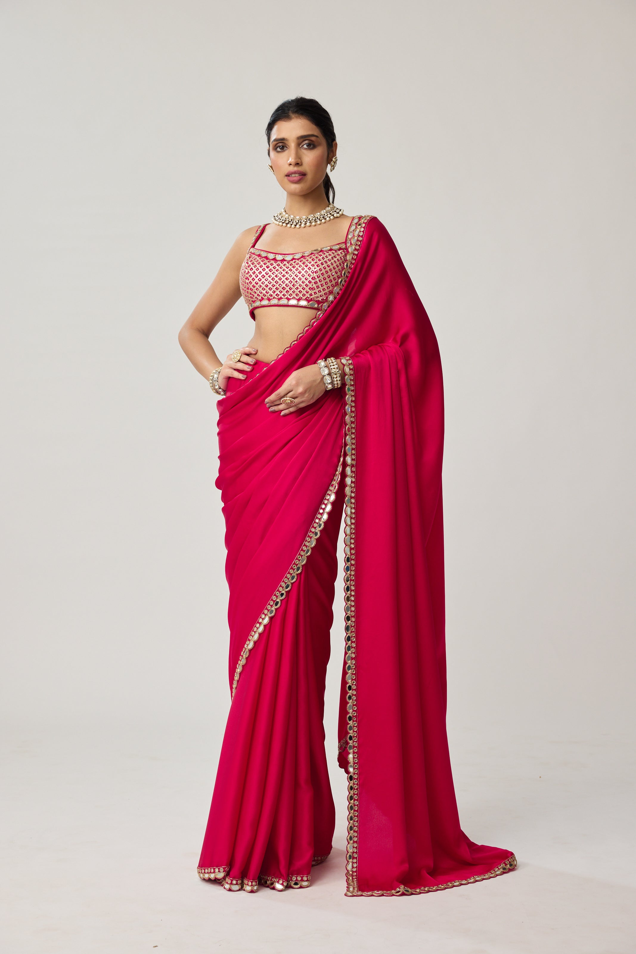 Crimson Red Gota And Mirror Embroidered Saree Set