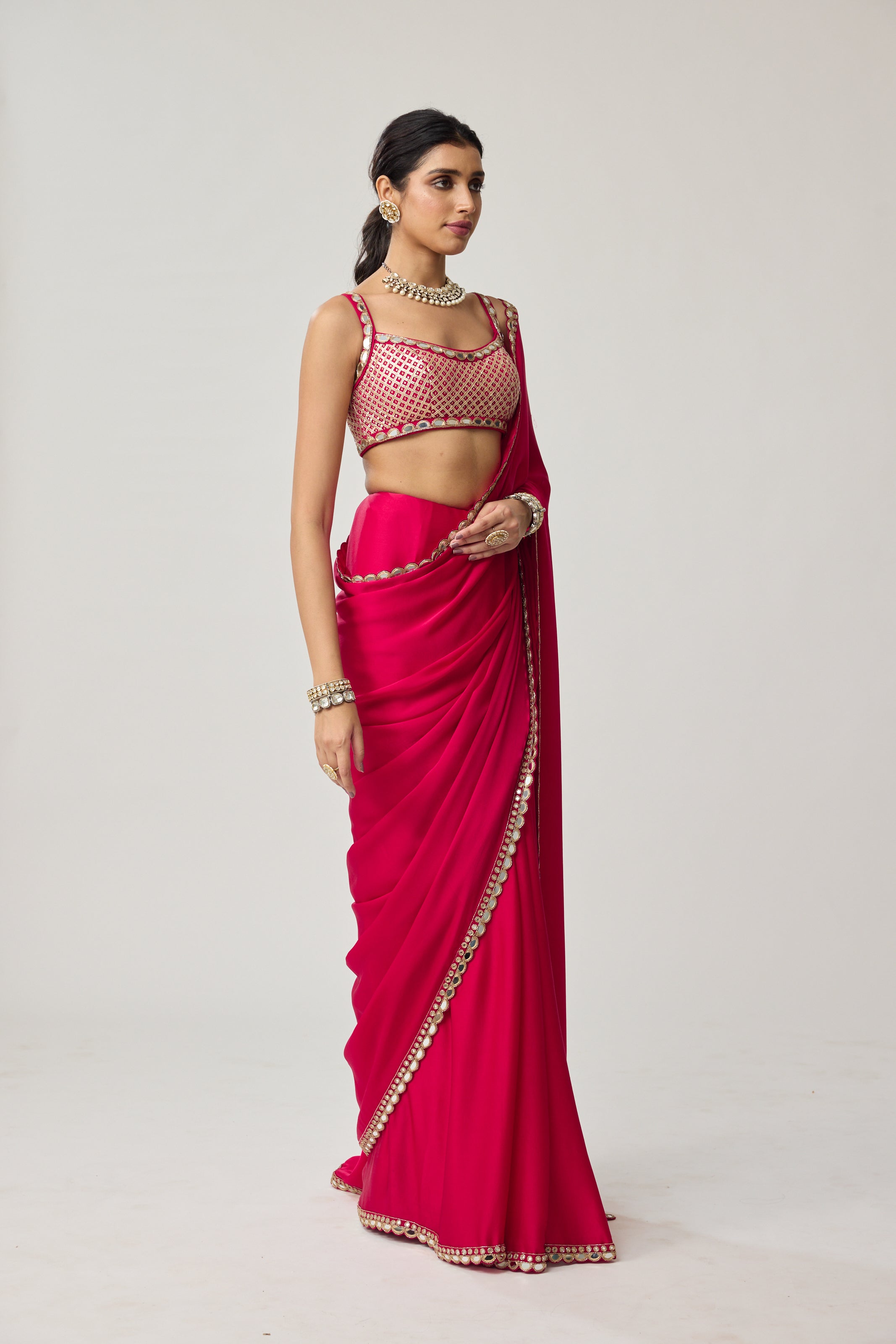 Crimson Red Gota And Mirror Embroidered Saree Set