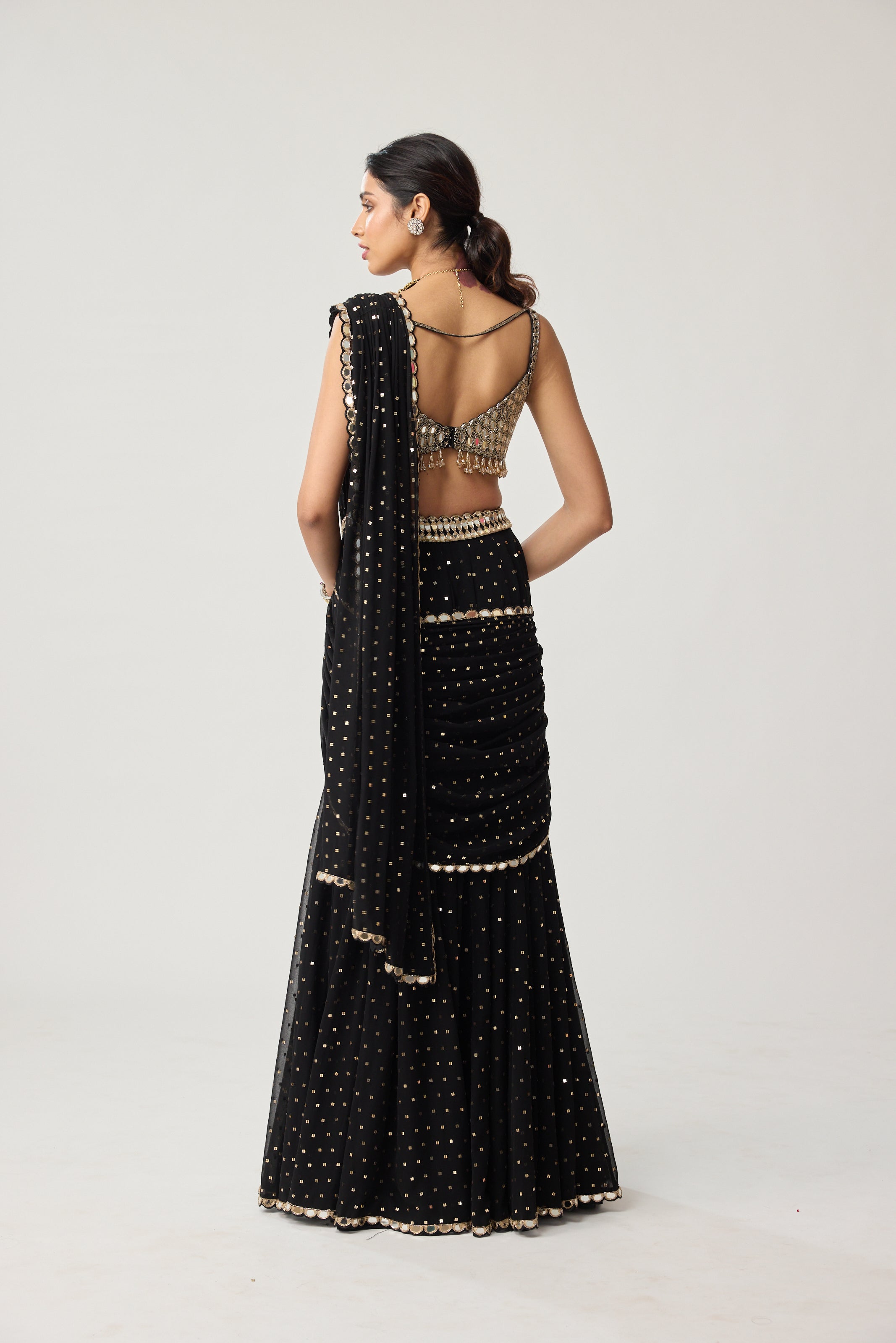 Black Georgette Flared pants Saree Set