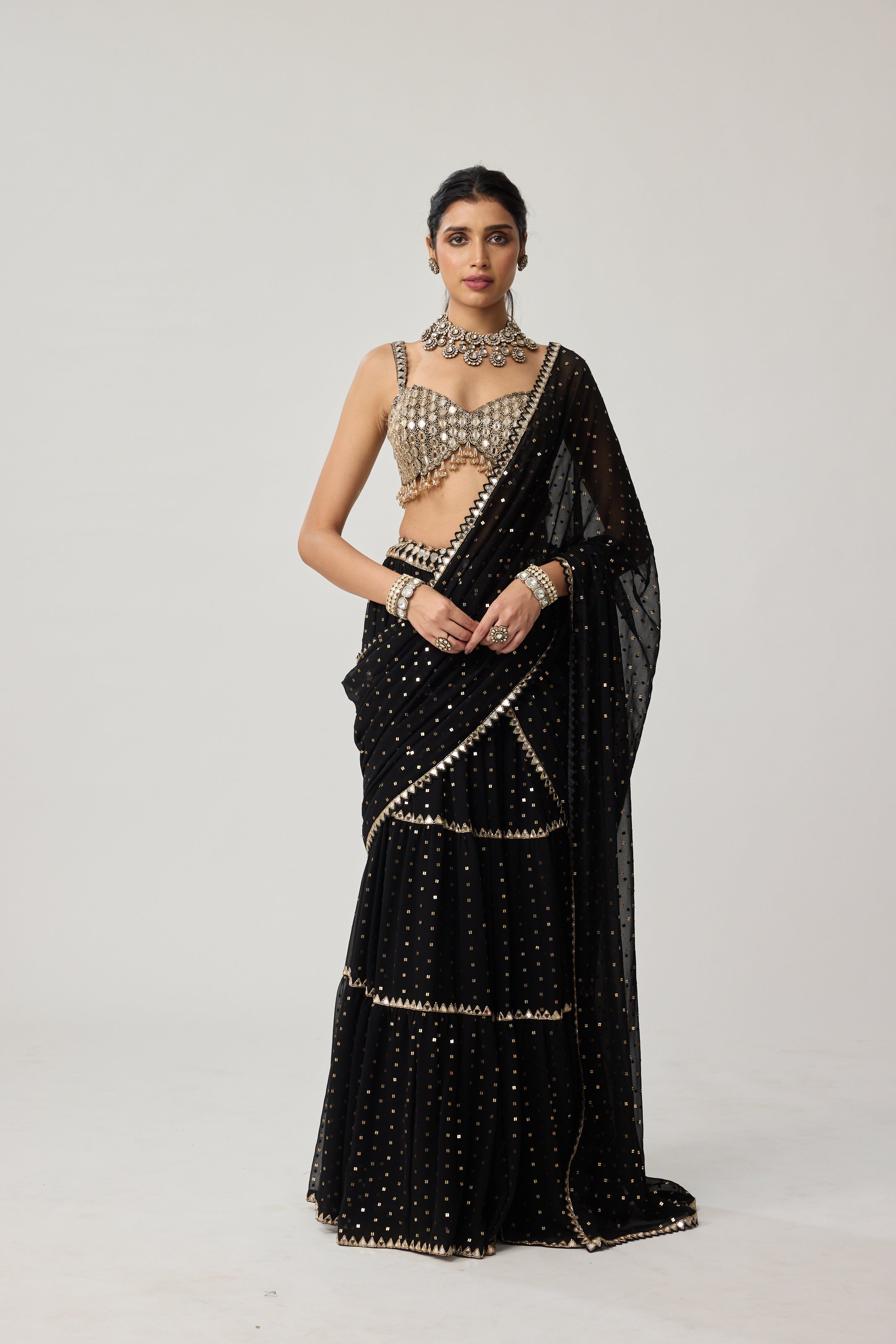 Black Georgette Multi-tier Saree Set