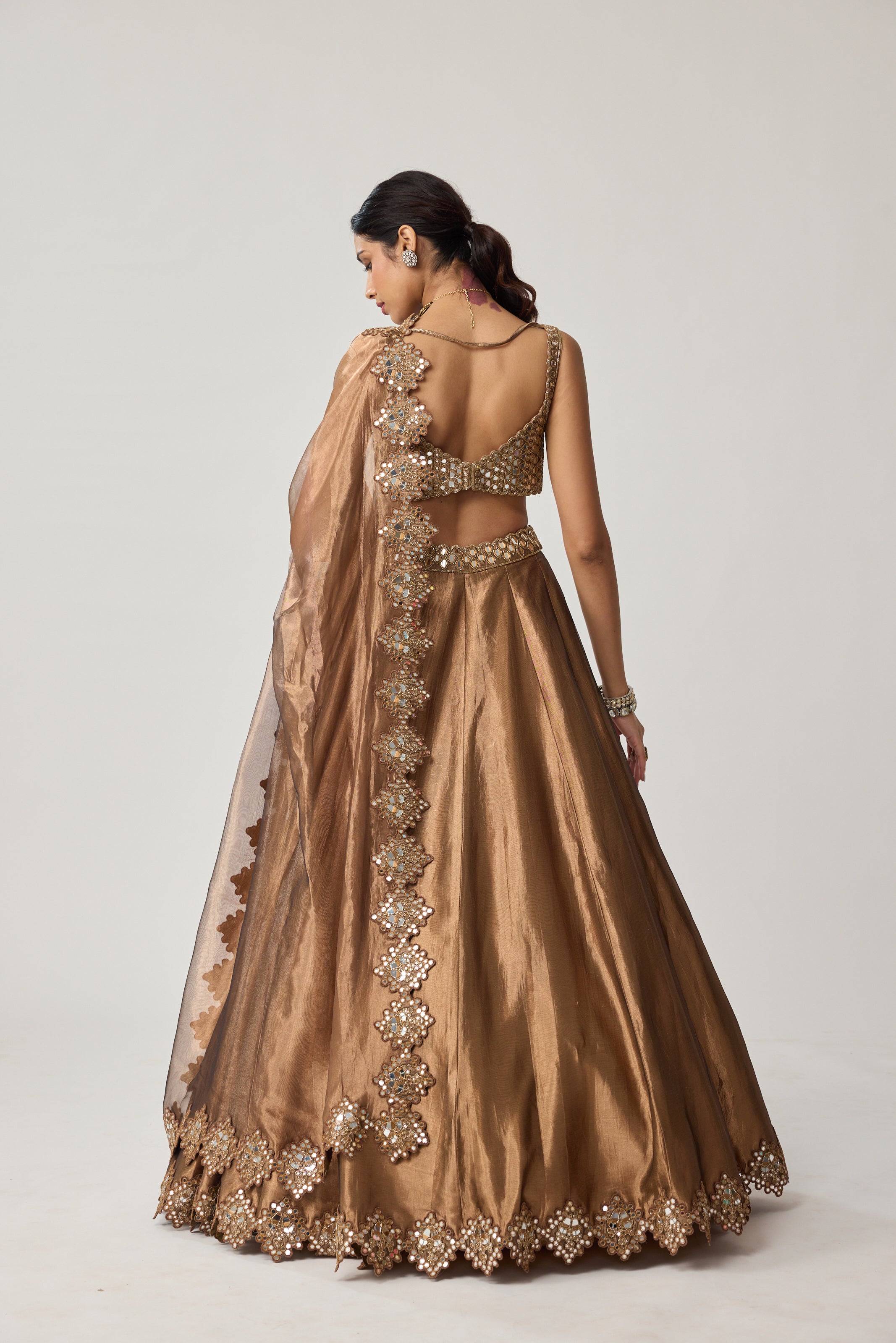 Copper Tissue Mirror Geometry Lehenga Set