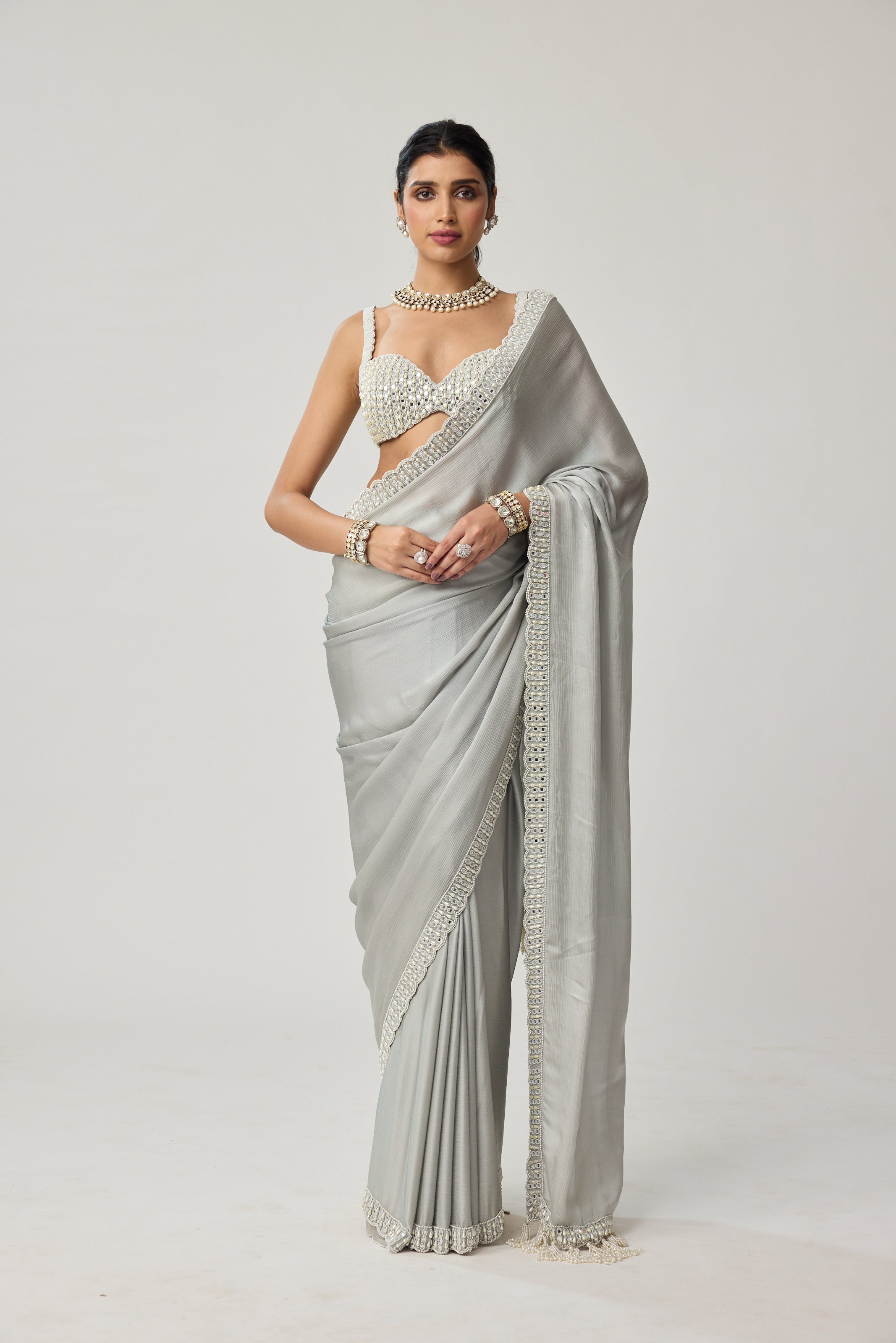 Powder Grey Chiffon Pearl and Mirror saree set