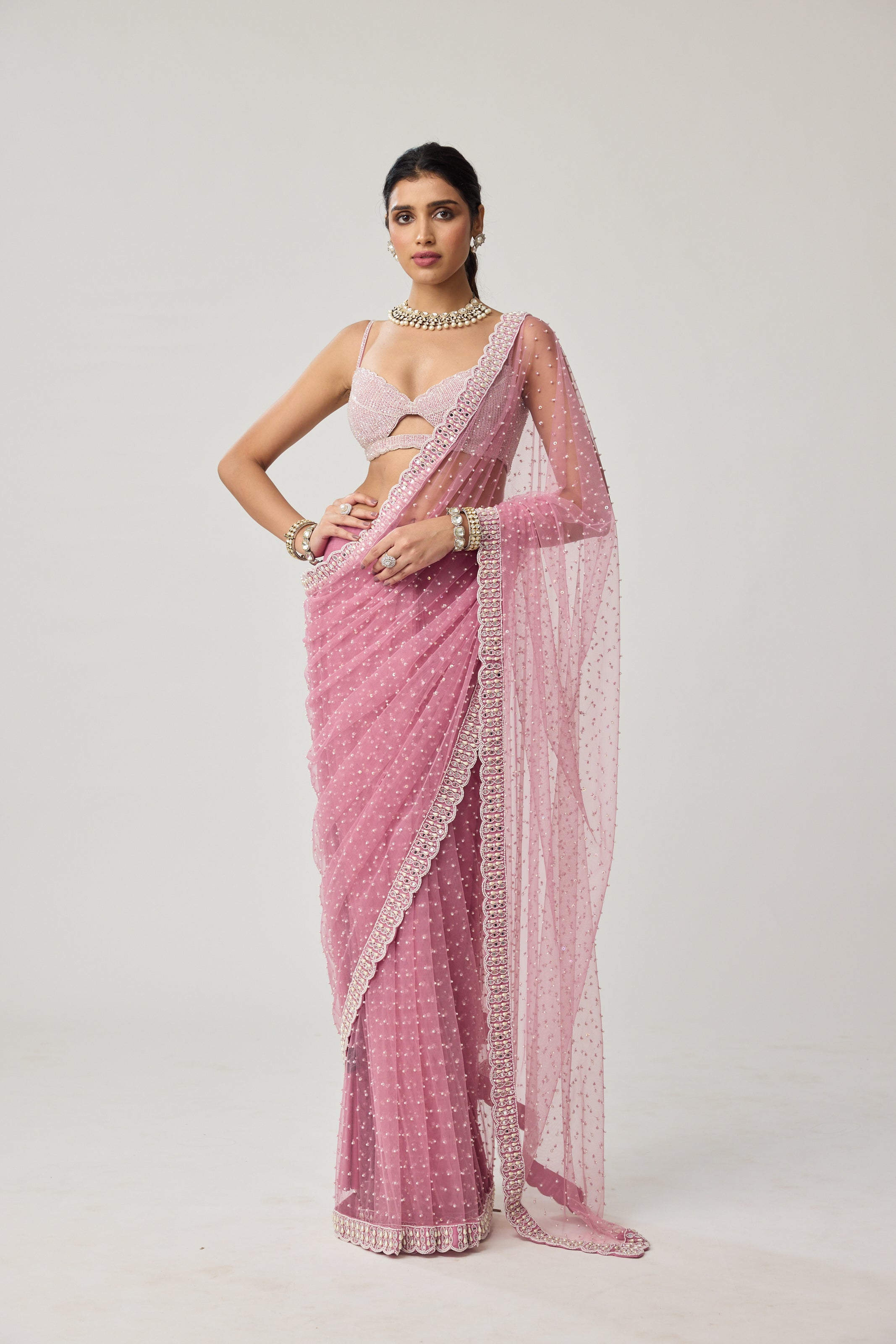 Onion Pink Pearl Scattered Net saree set