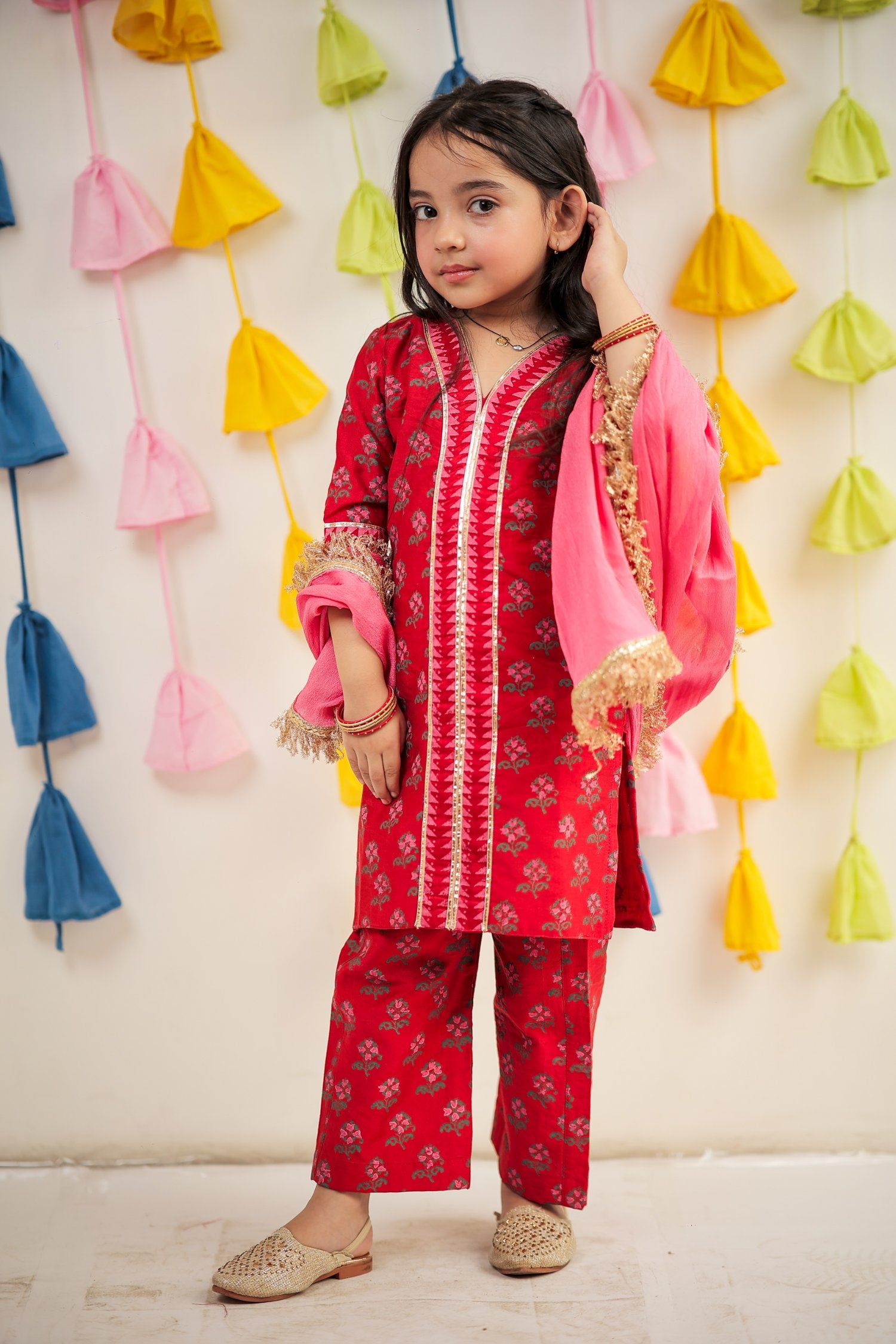 Red Block Printed Kurta With Pant And Dupatta