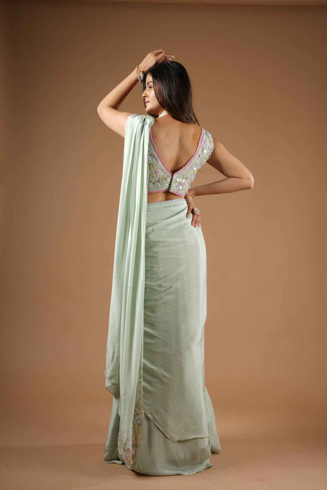 Pistachio Green Viscose Hand Embroidered Lehenga Saree Set