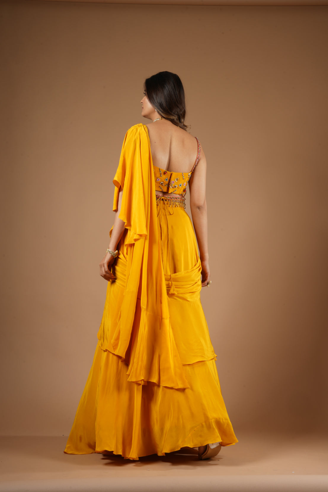 Mustard Yellow Viscose Ruffled Saree Set