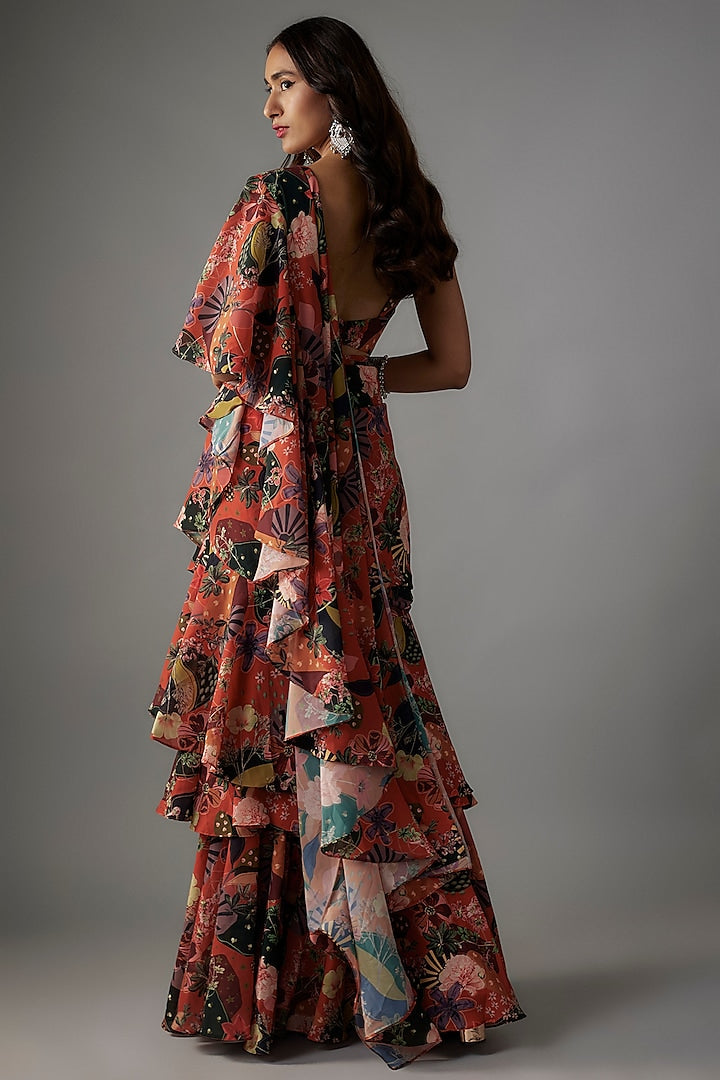 Rust Georgette Digital Printed Pre-Draped Saree Set