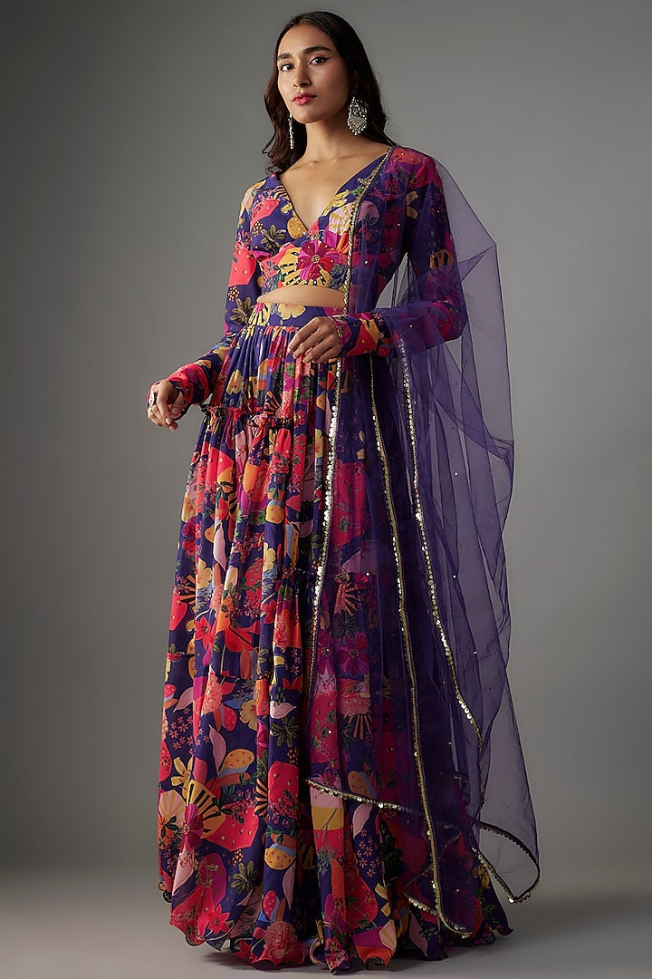 Electric Blue Georgette Digital Printed Lehenga Set