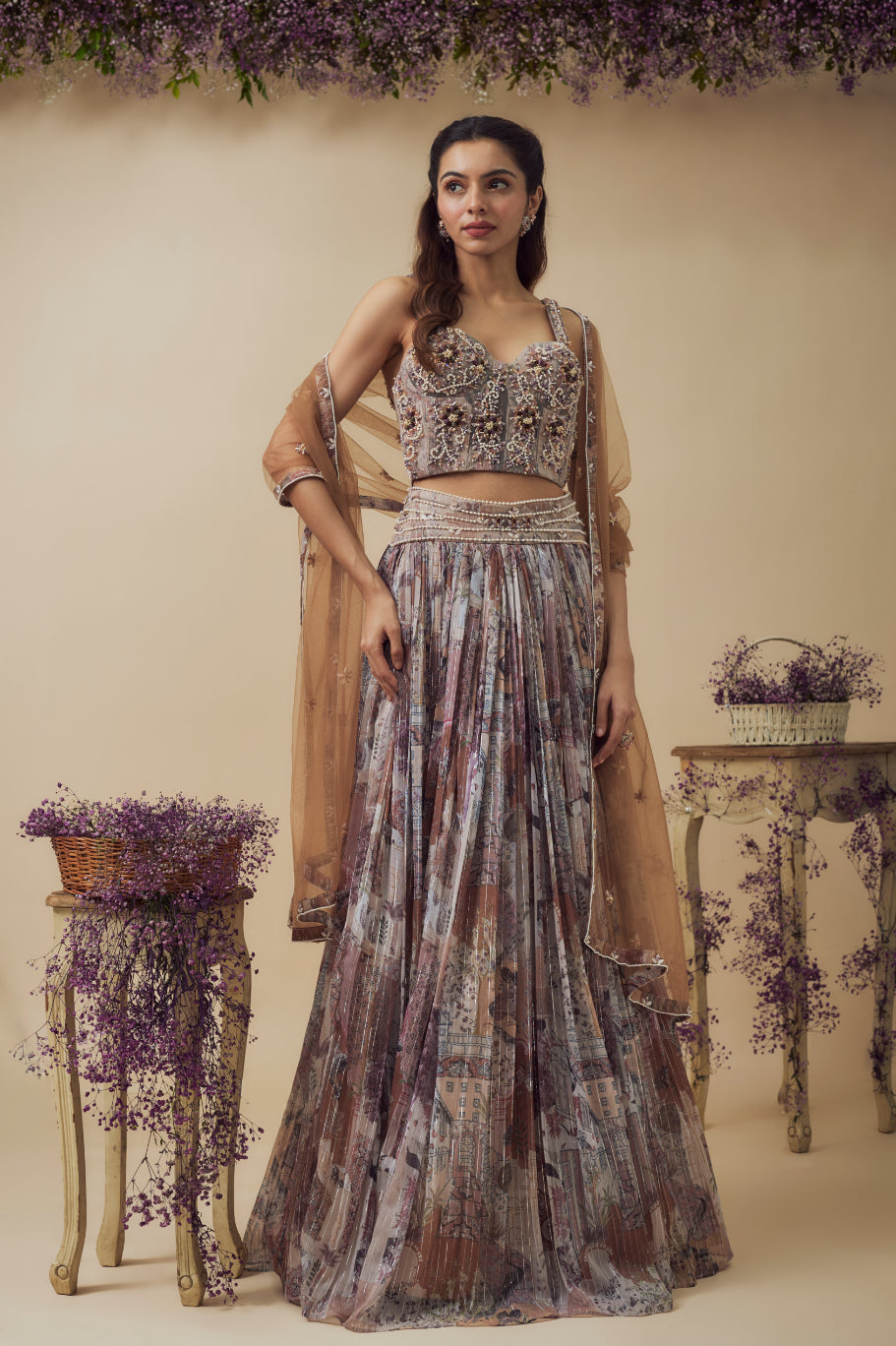 Beige Lurex Chiffon Digital Printed Gathered Lehenga Set