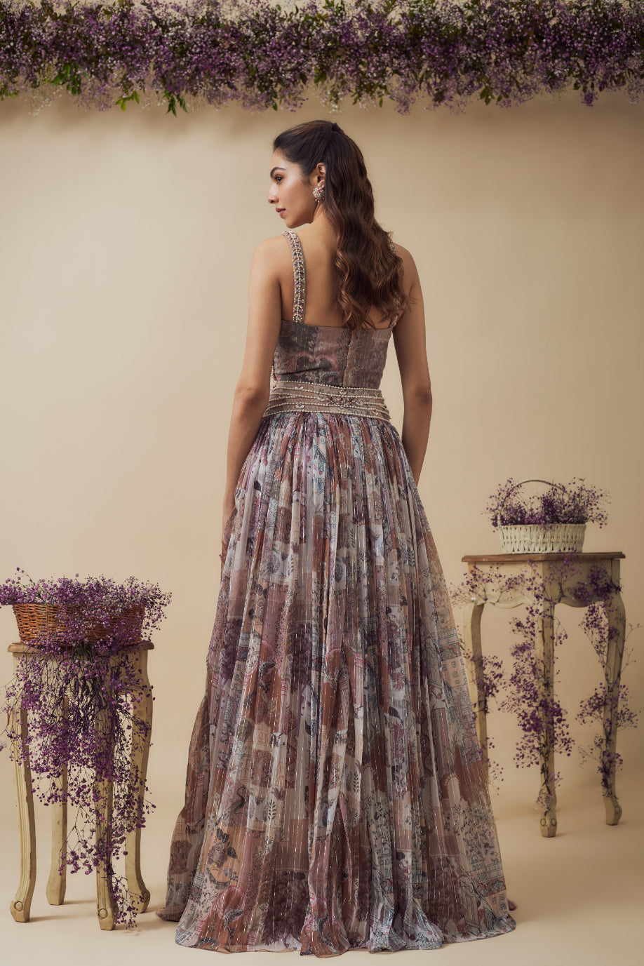 Beige Lurex Chiffon Digital Printed Gathered Lehenga Set