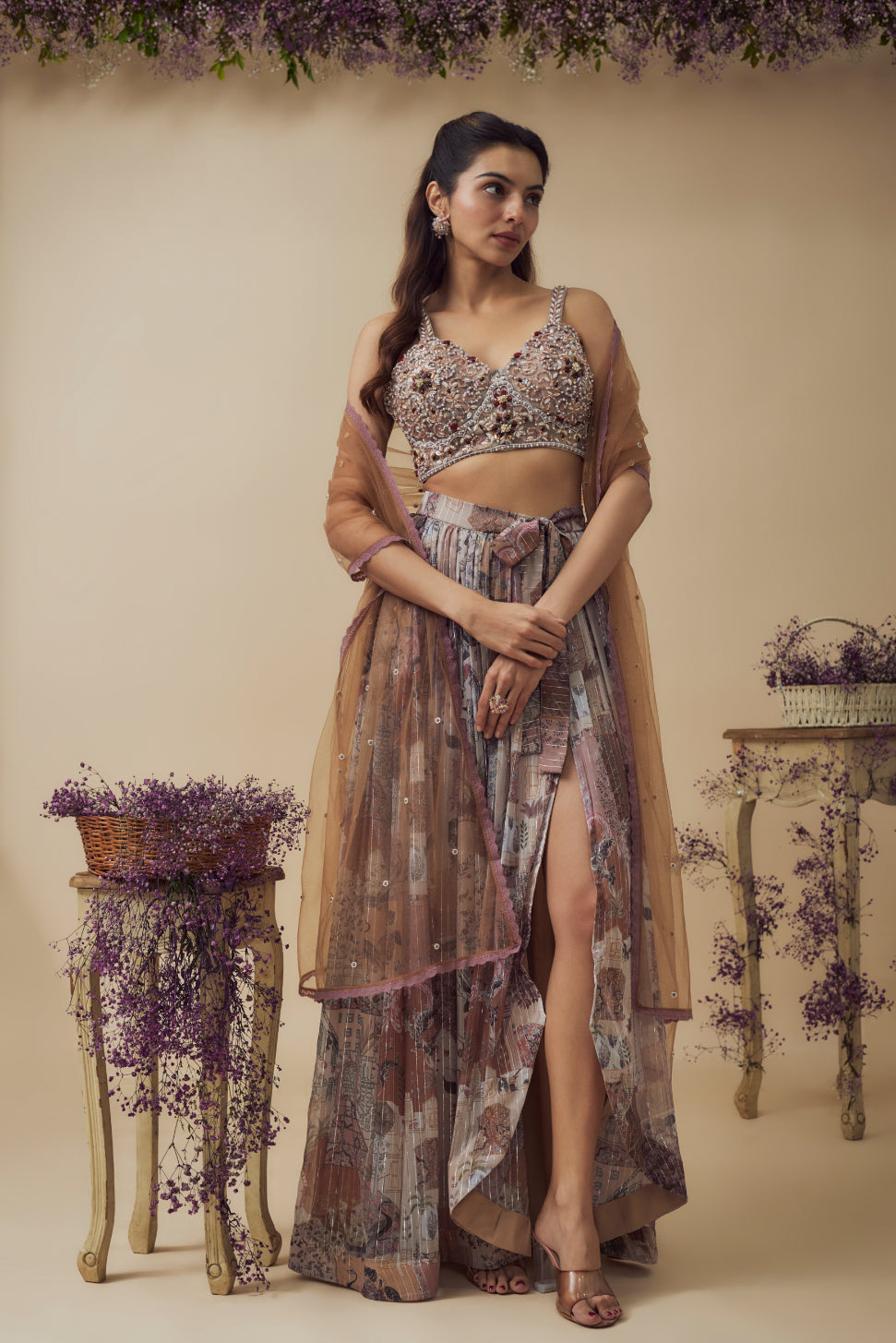 Beige Lurex Chiffon Digital Printed Asymmetric Skirt Set