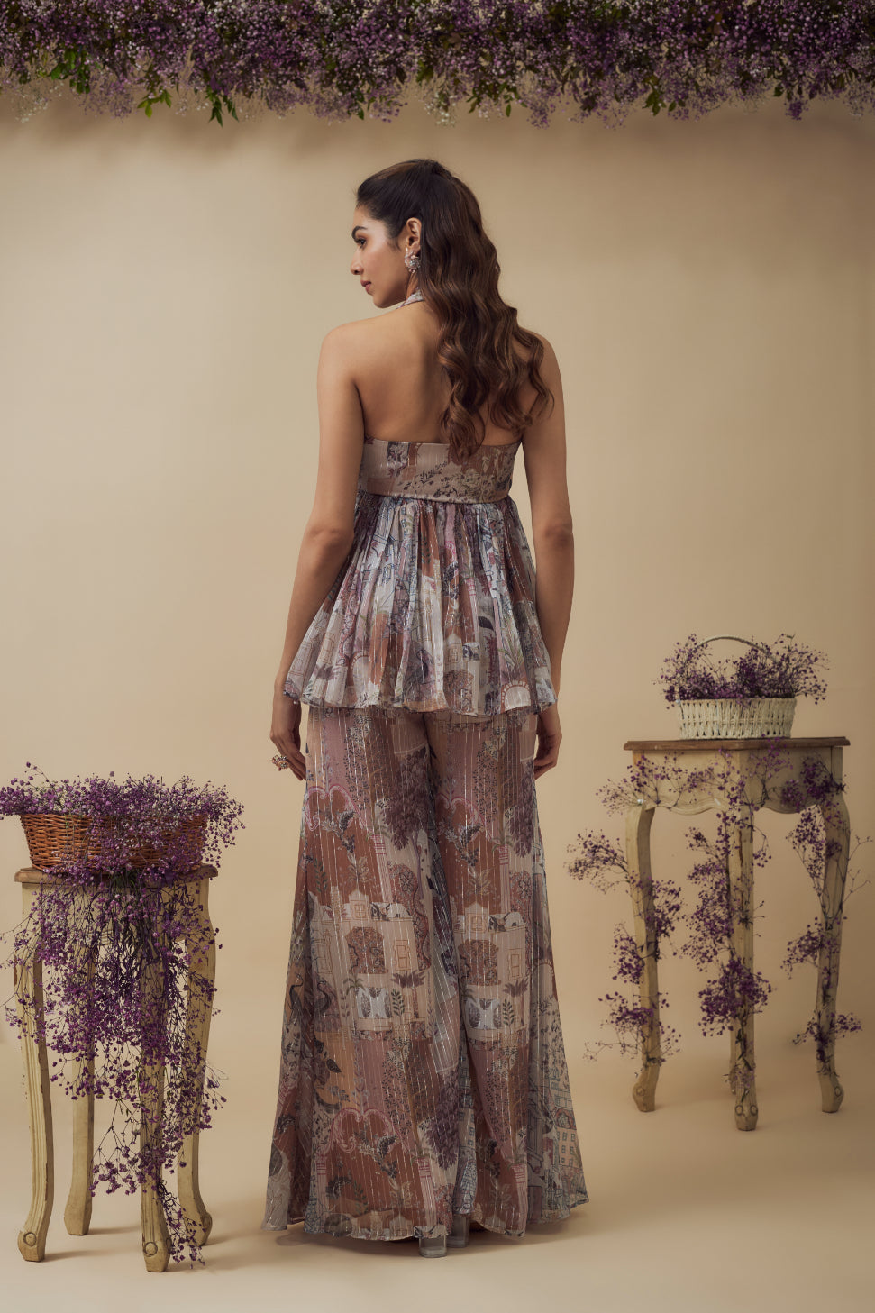 Beige Lurex Chiffon Digital Printed A-Line Palazzo Pant Set