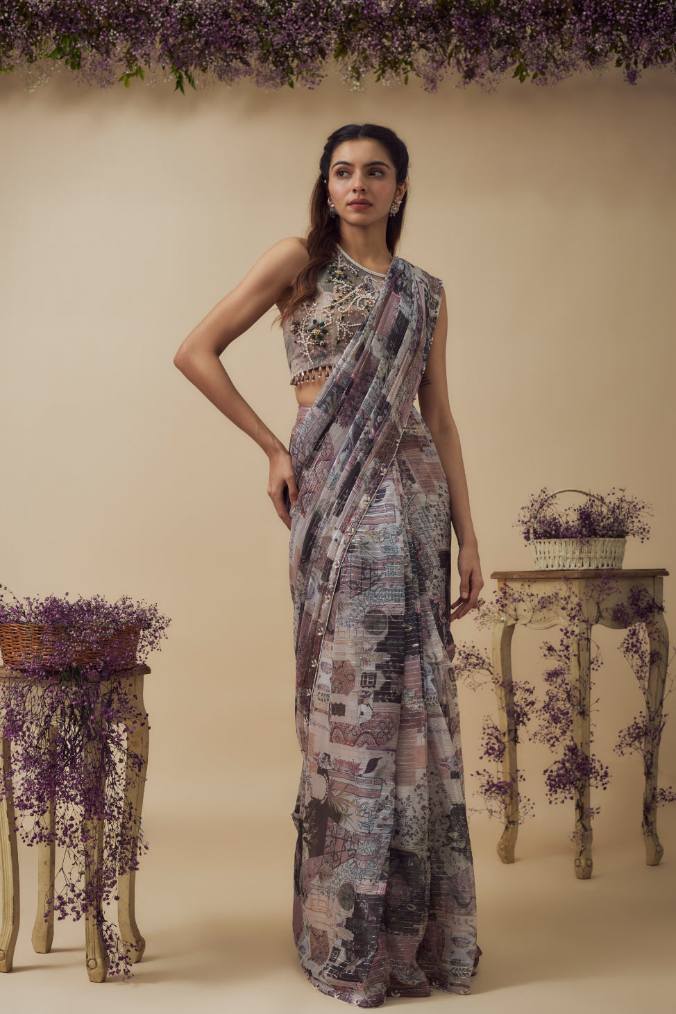 Beige Lurex Chiffon Digital Printed Ready-To-Wear Saree Set