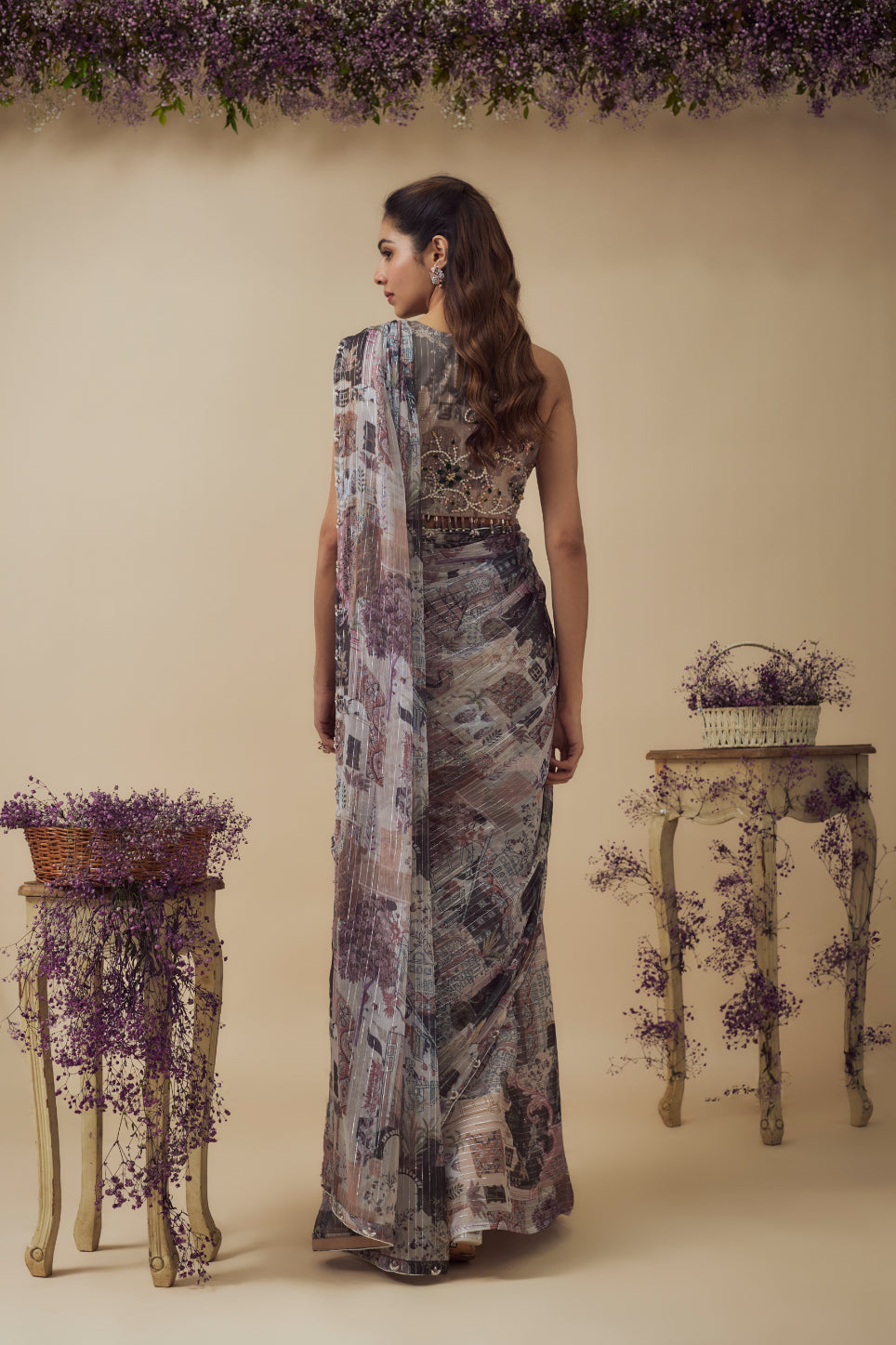 Beige Lurex Chiffon Digital Printed Ready-To-Wear Saree Set