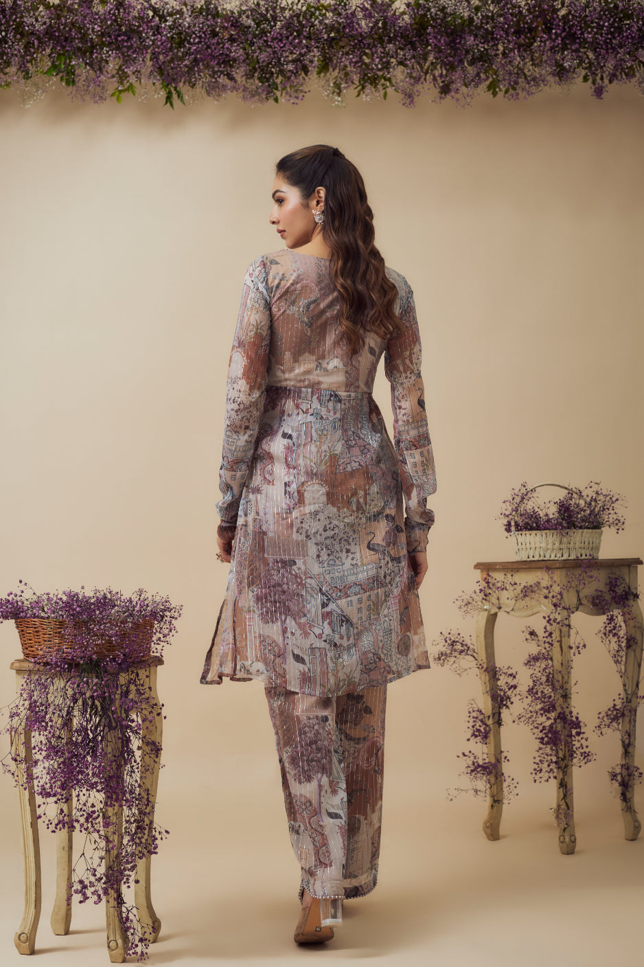 Beige Lurex Chiffon Digital Printed Co-Ord Set