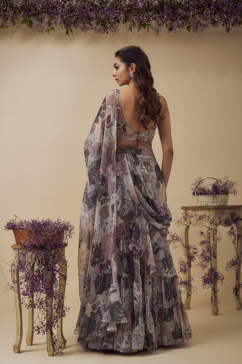 Beige Lurex Chiffon Digital Printed Draped Lehenga Set