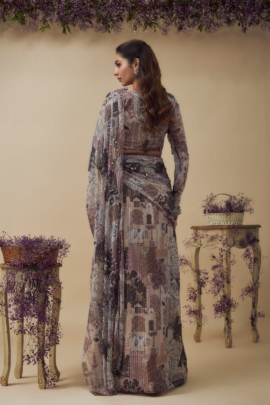 Beige Lurex Chiffon Digital Printed Ready-To-Wear Saree Set