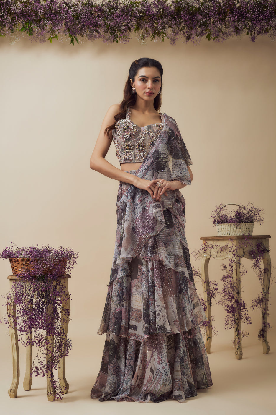 Beige Lurex Chiffon Digital Printed Ready-To-Wear Ruffled Saree Set