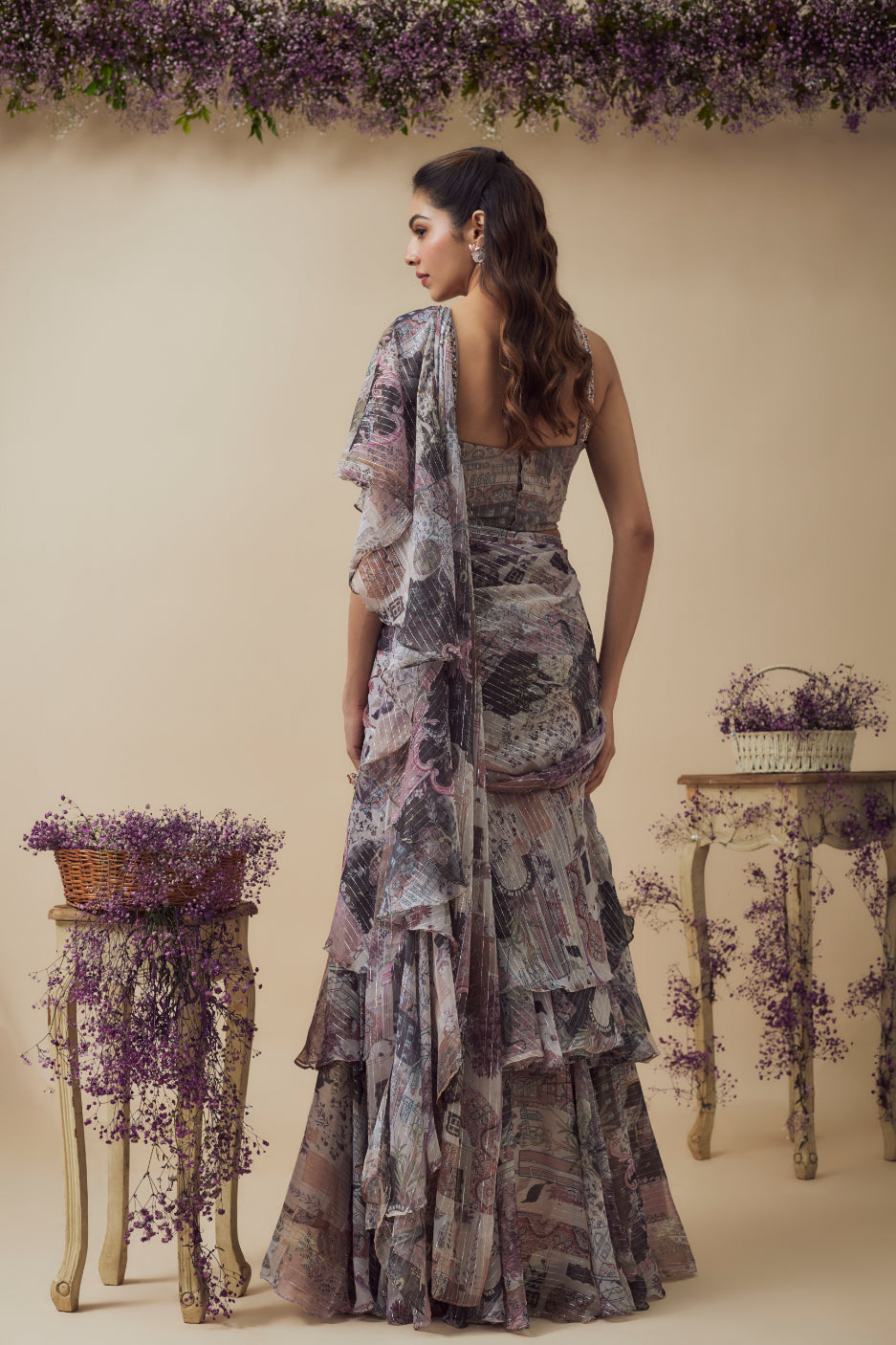 Beige Lurex Chiffon Digital Printed Ready-To-Wear Ruffled Saree Set