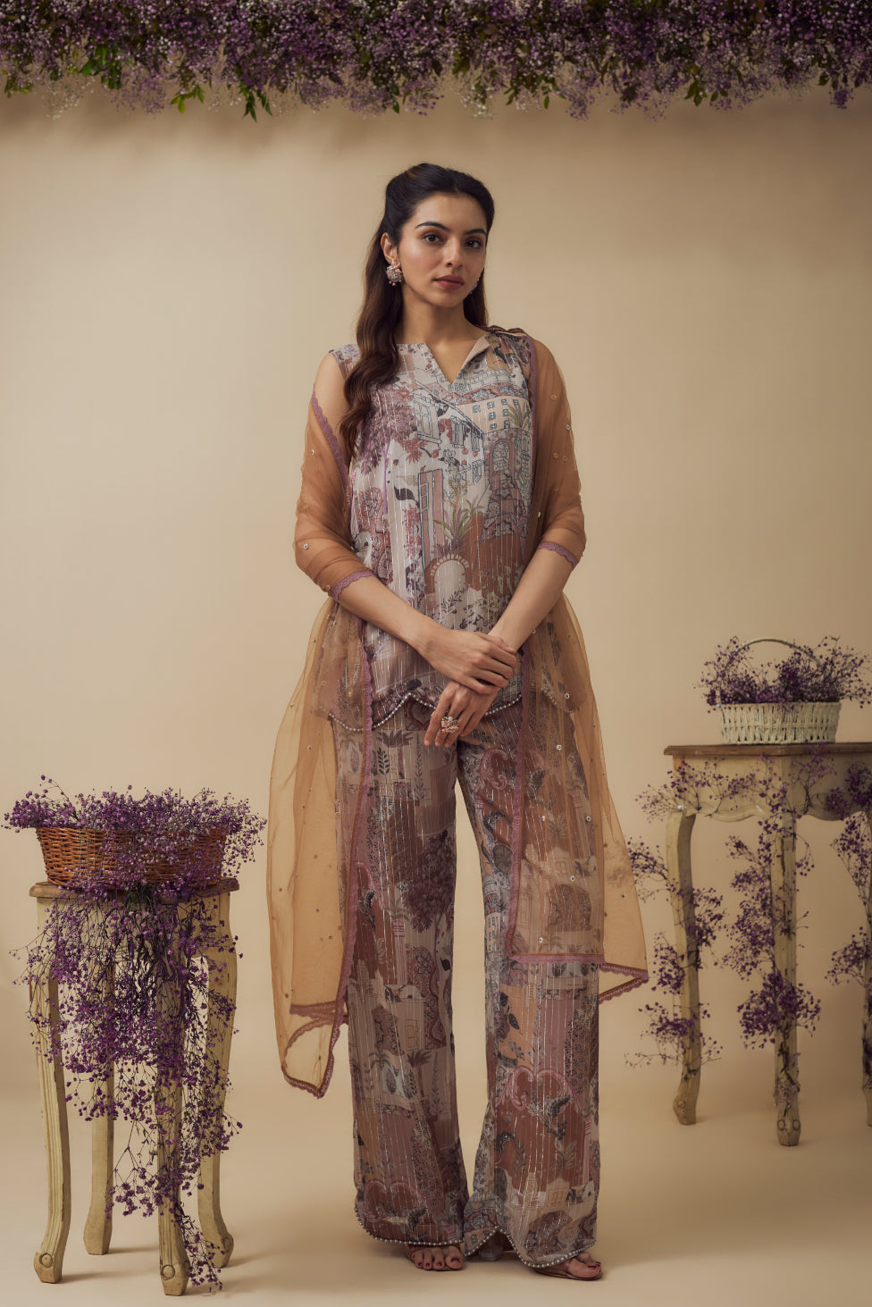 Beige Lurex Chiffon Digital Printed Pant Set