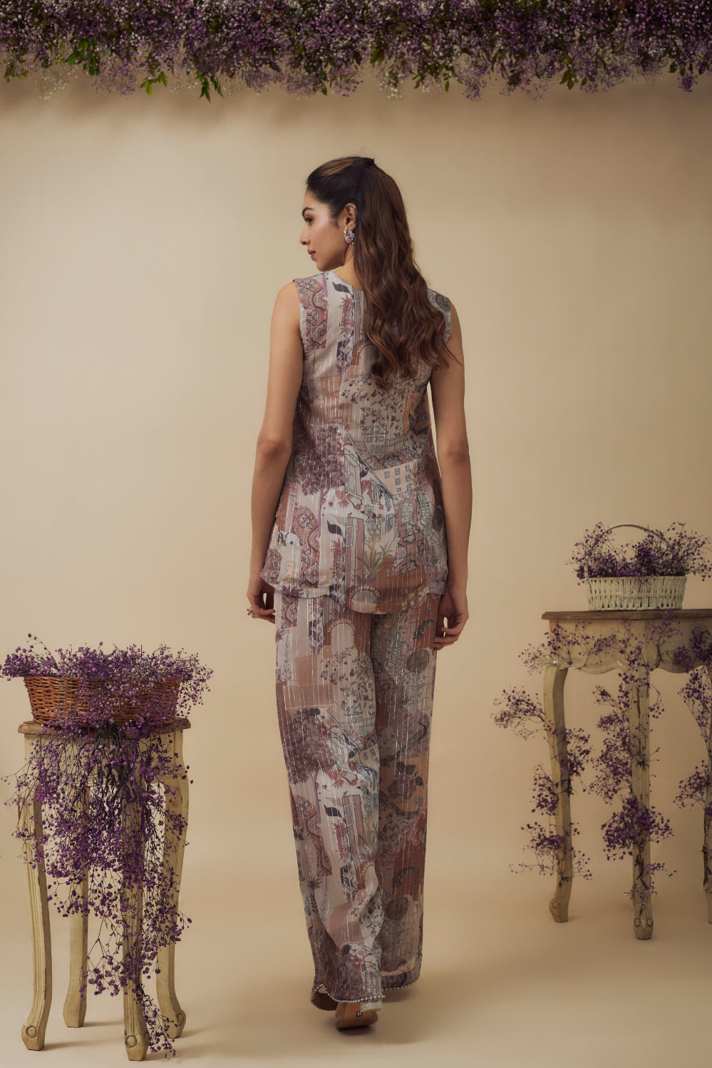 Beige Lurex Chiffon Digital Printed Pant Set