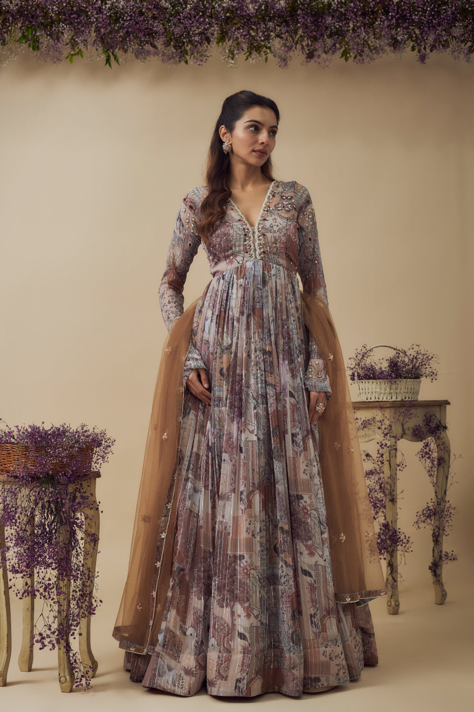 Beige Lurex Chiffon Digital Printed Gown With Dupatta
