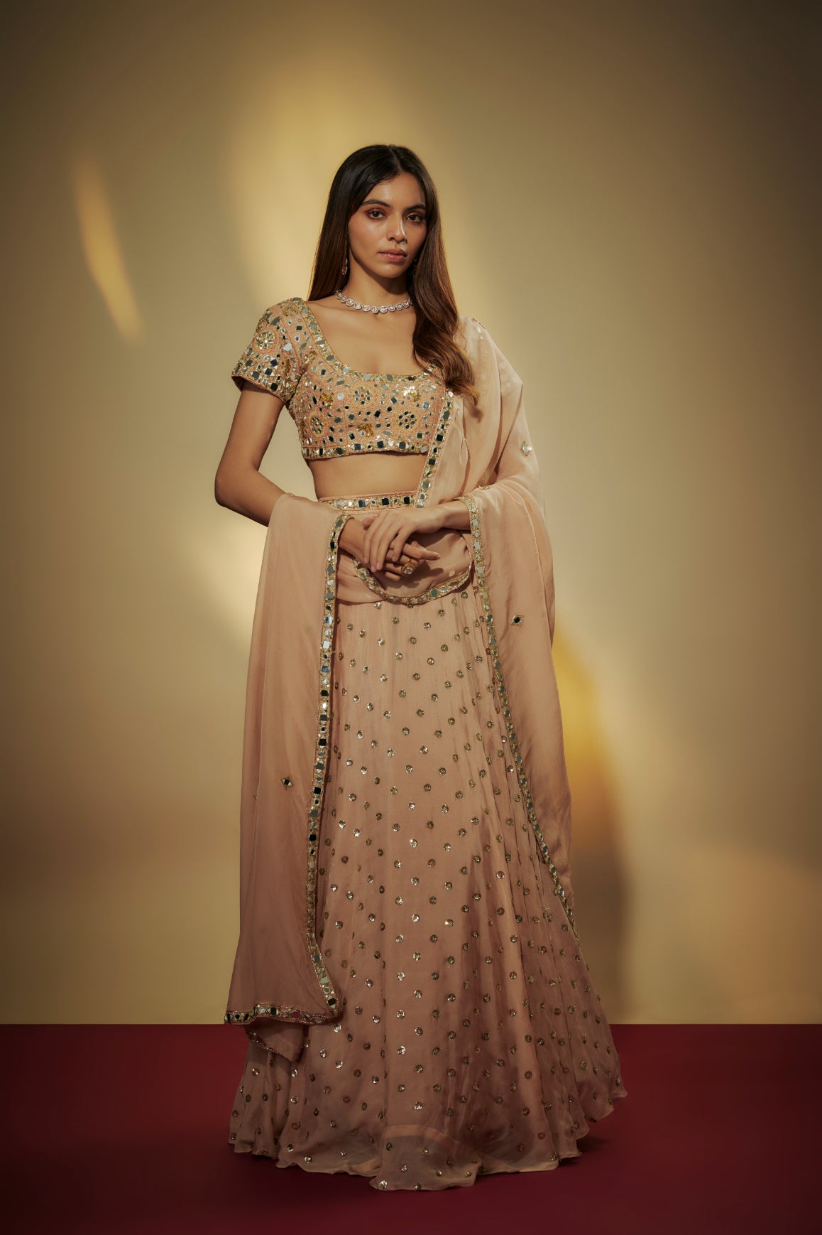 Peach Chinon Chiffon Mirror & Sequins Embroidered Lehenga Set