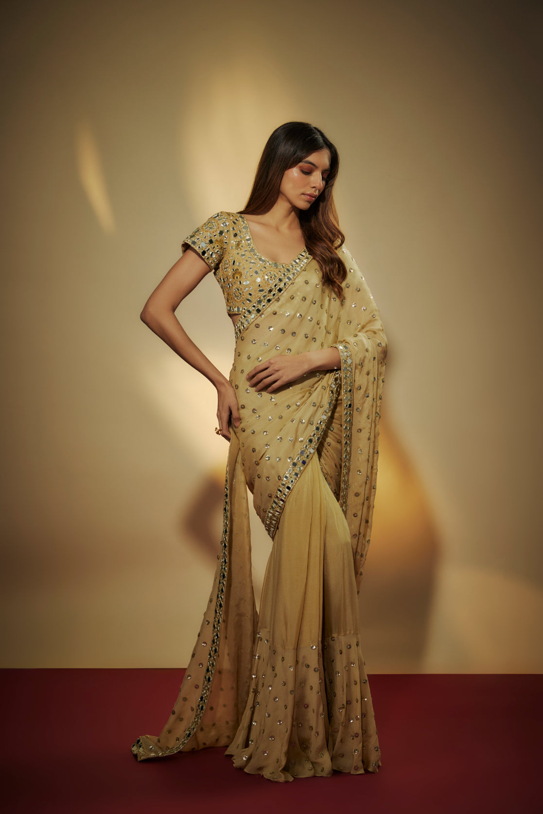 Gold Chinon Chiffon Sequins Embroidered Pre-Draped Saree Set