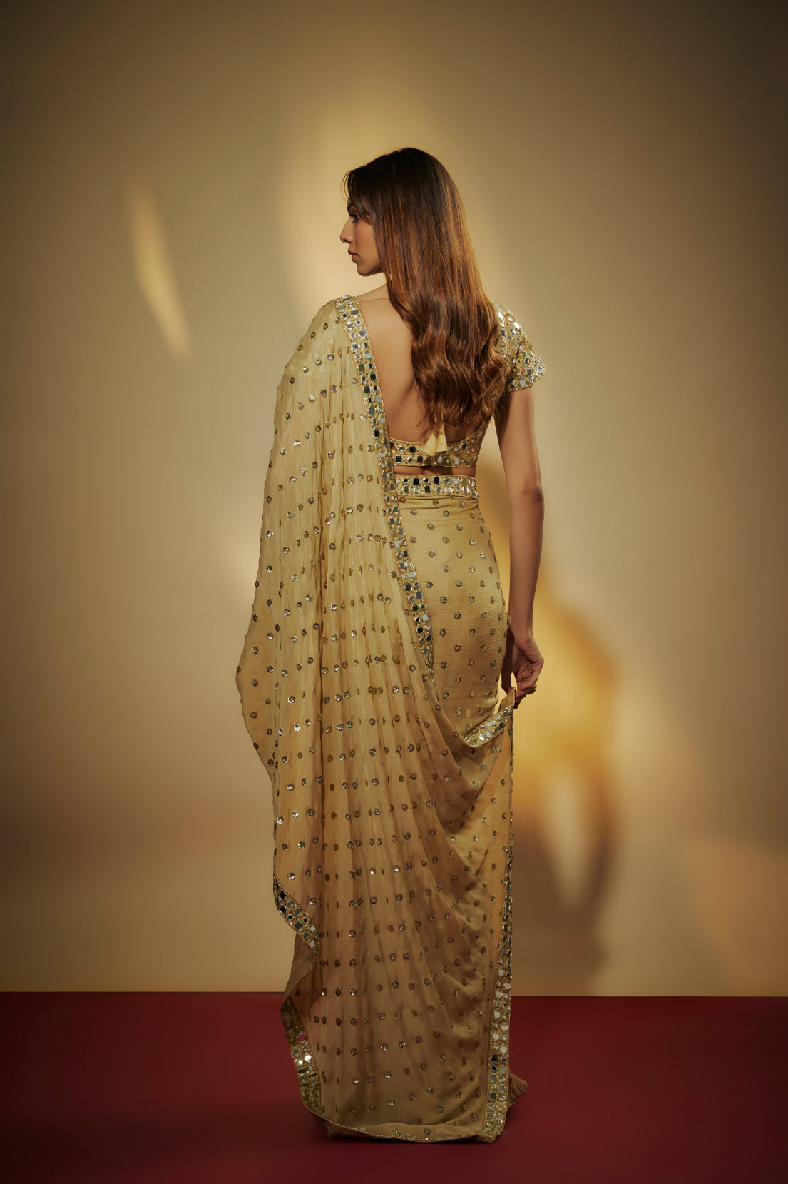 Gold Chinon Chiffon Sequins Embroidered Pre-Draped Saree Set