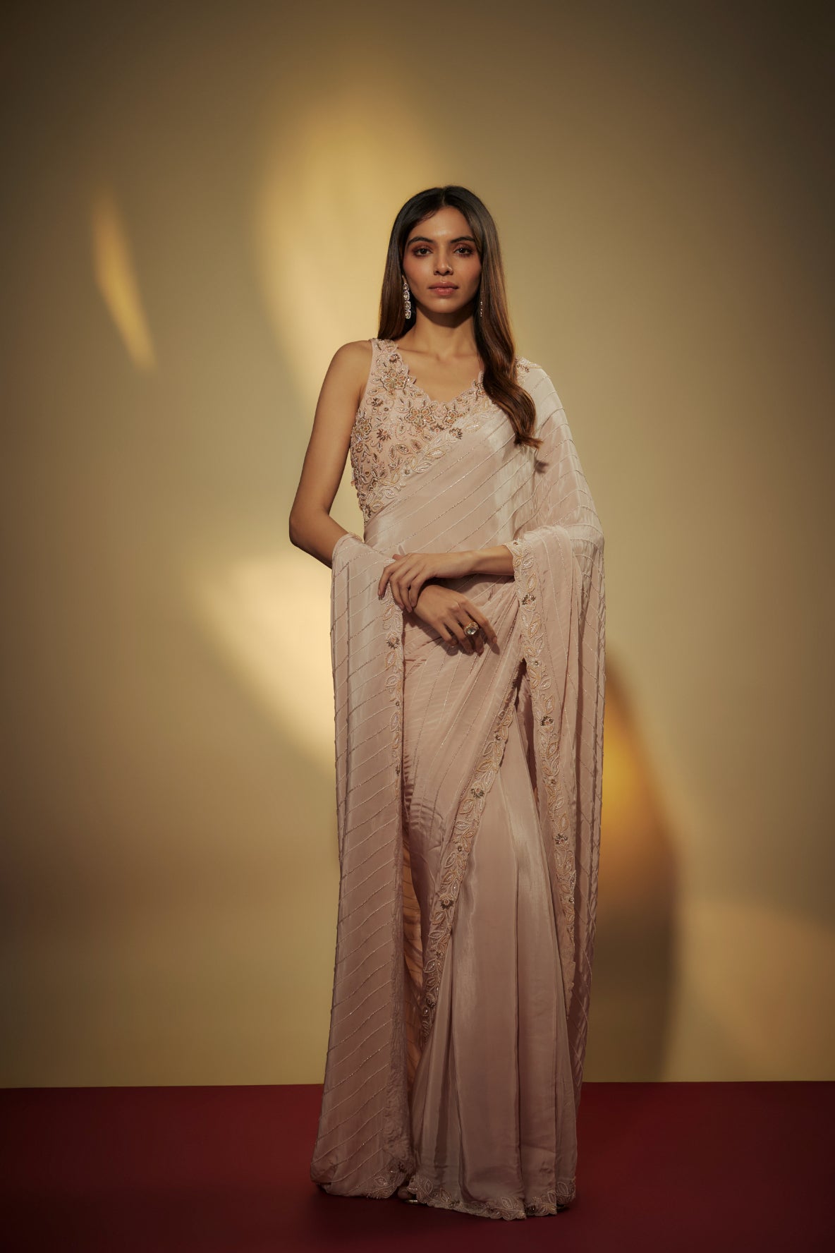 Misty rose Viscose Sequins Embroidered Pre-Draped Saree Set