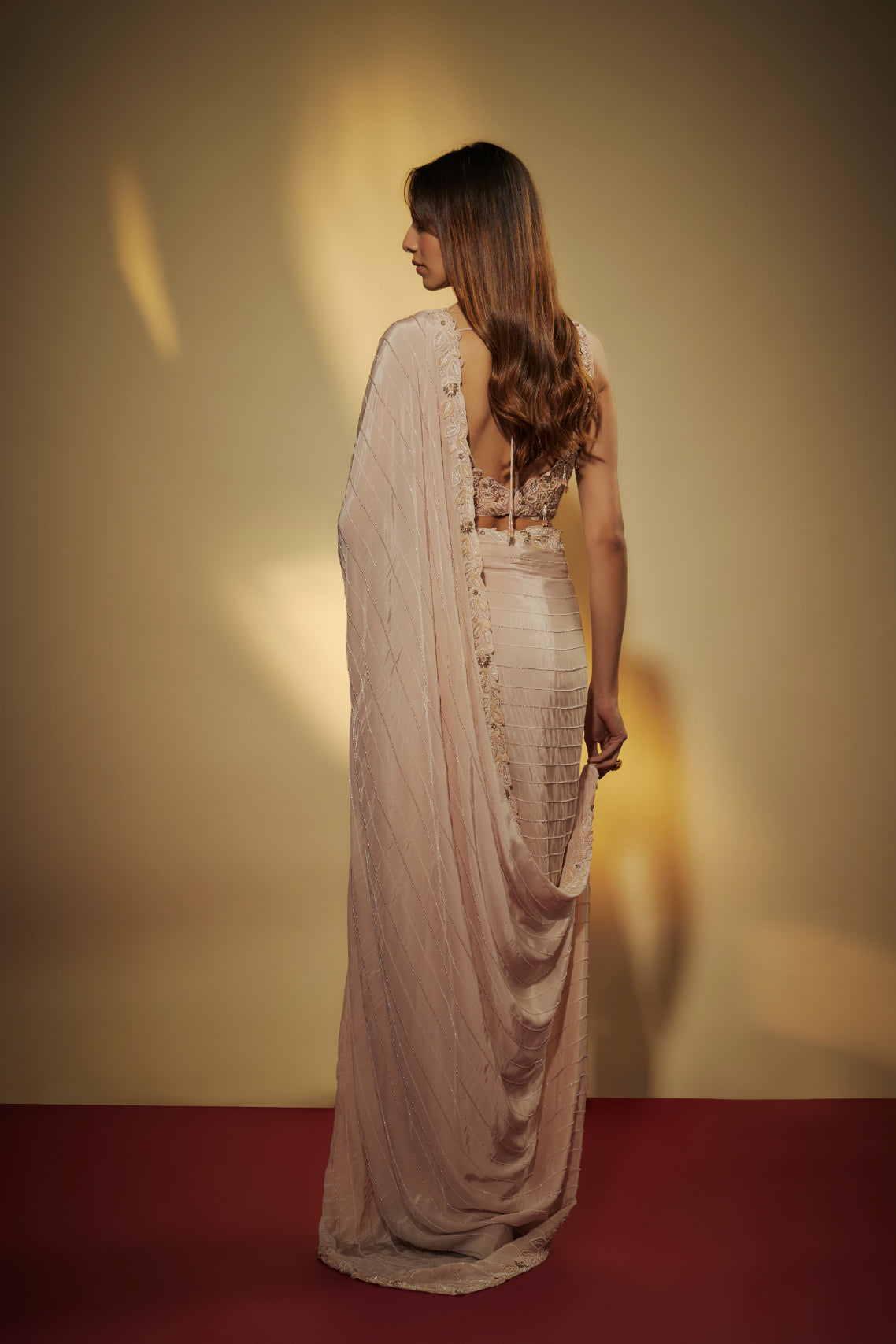 Misty rose Viscose Sequins Embroidered Pre-Draped Saree Set