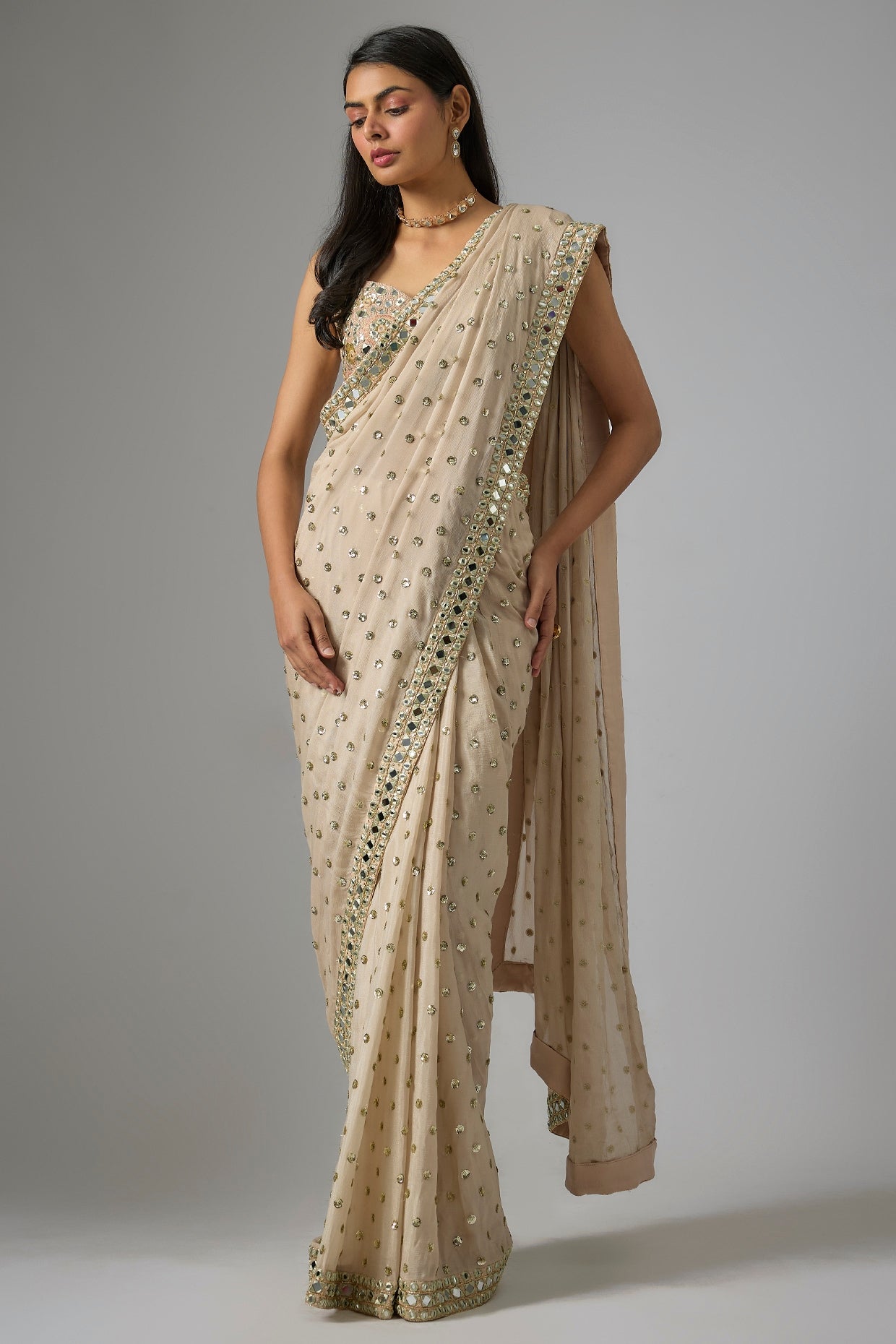 Latte Shade Viscose Chinon Mirror Embroidered Saree Set