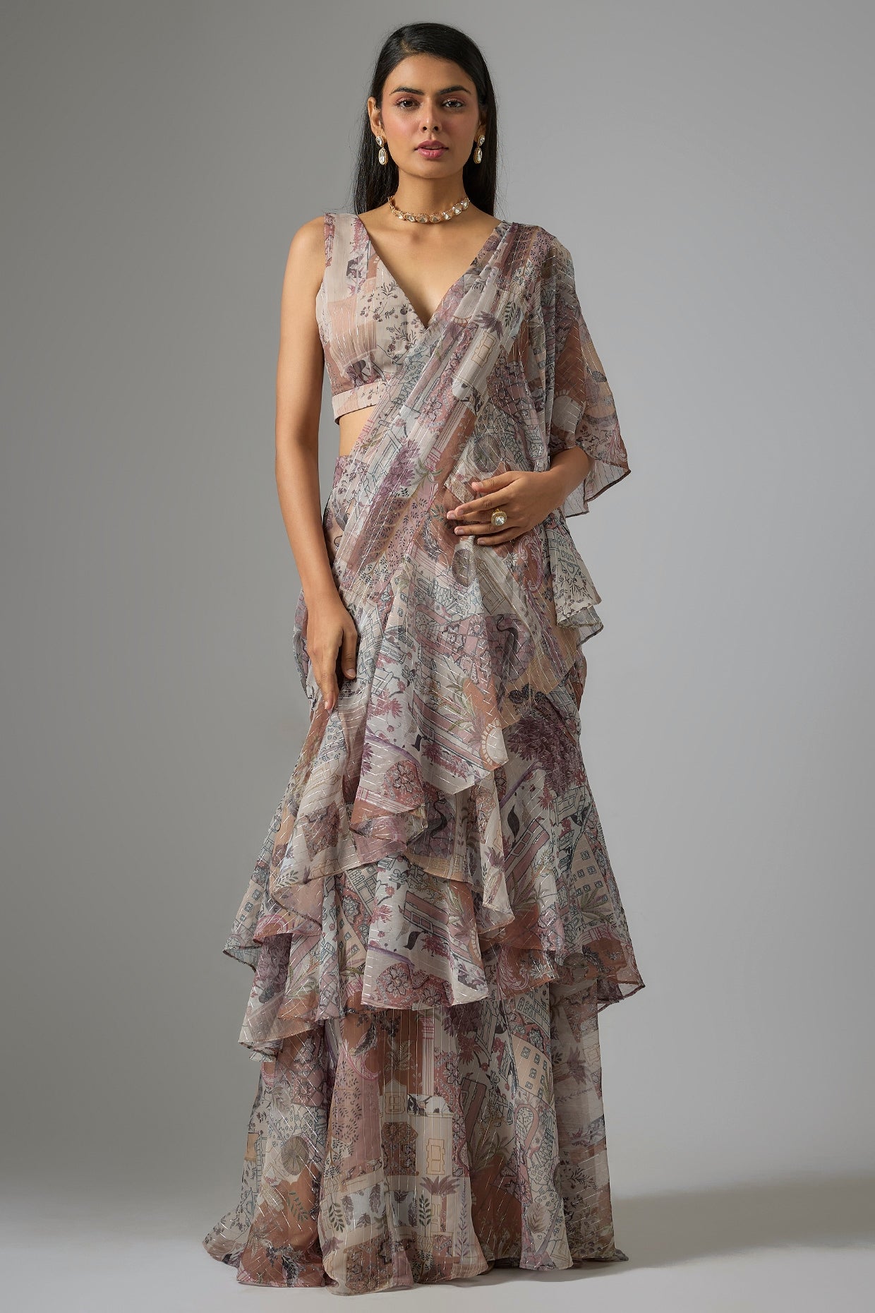 Beige Lurex Chiffon Printed Pre-Draped Ruffled Saree Set