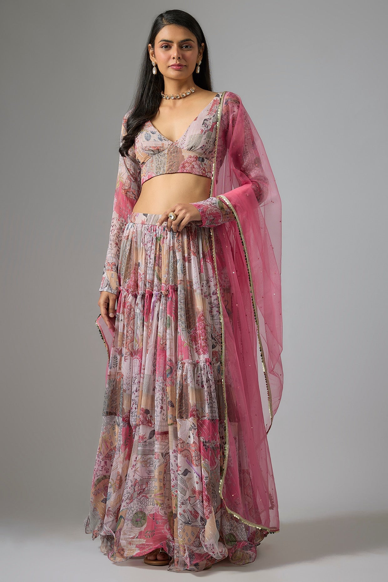 Beige Lurex Chiffon Printed Lehenga Set
