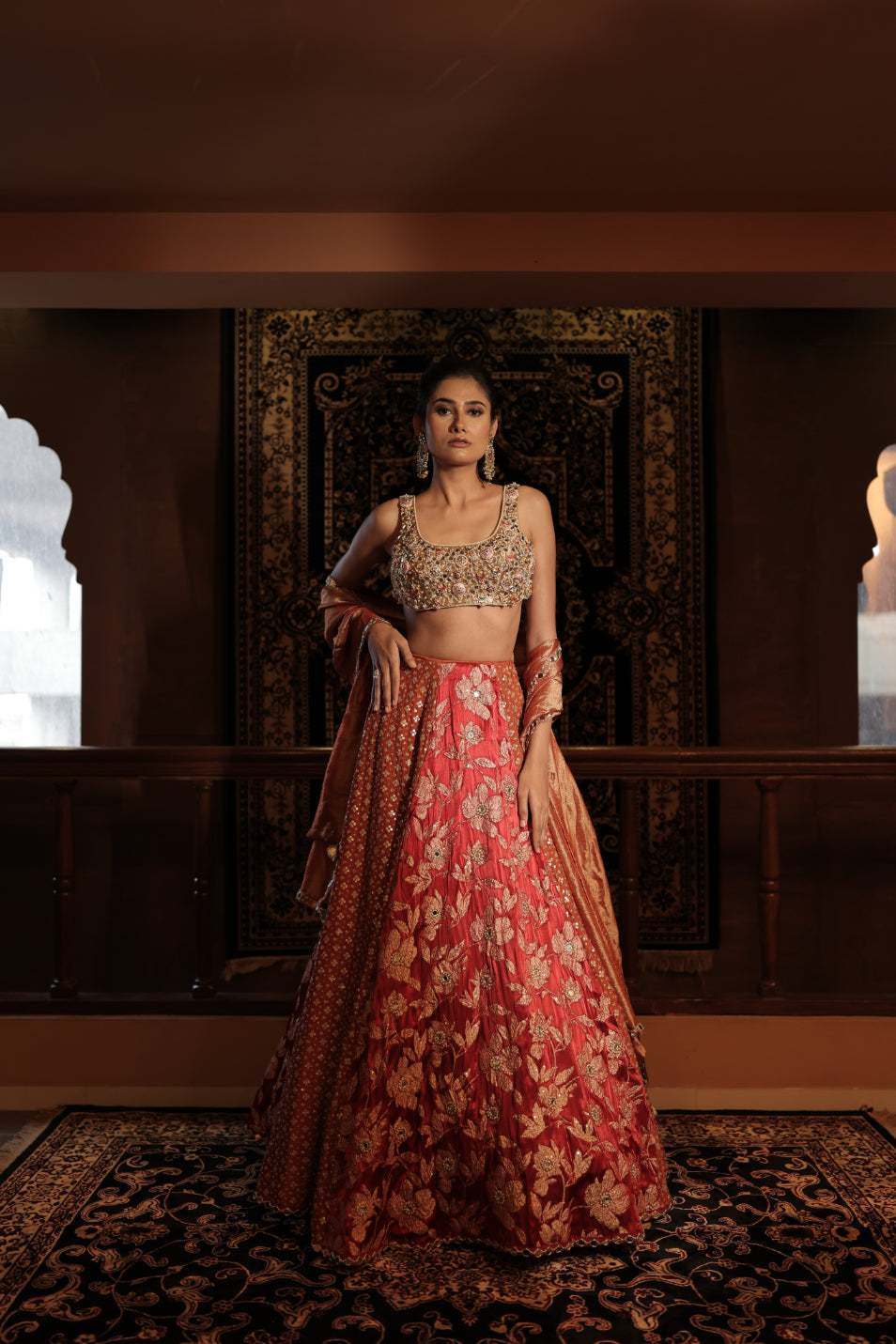 Red & Rust Gajji Silk Sequins Embellished Lehenga Set
