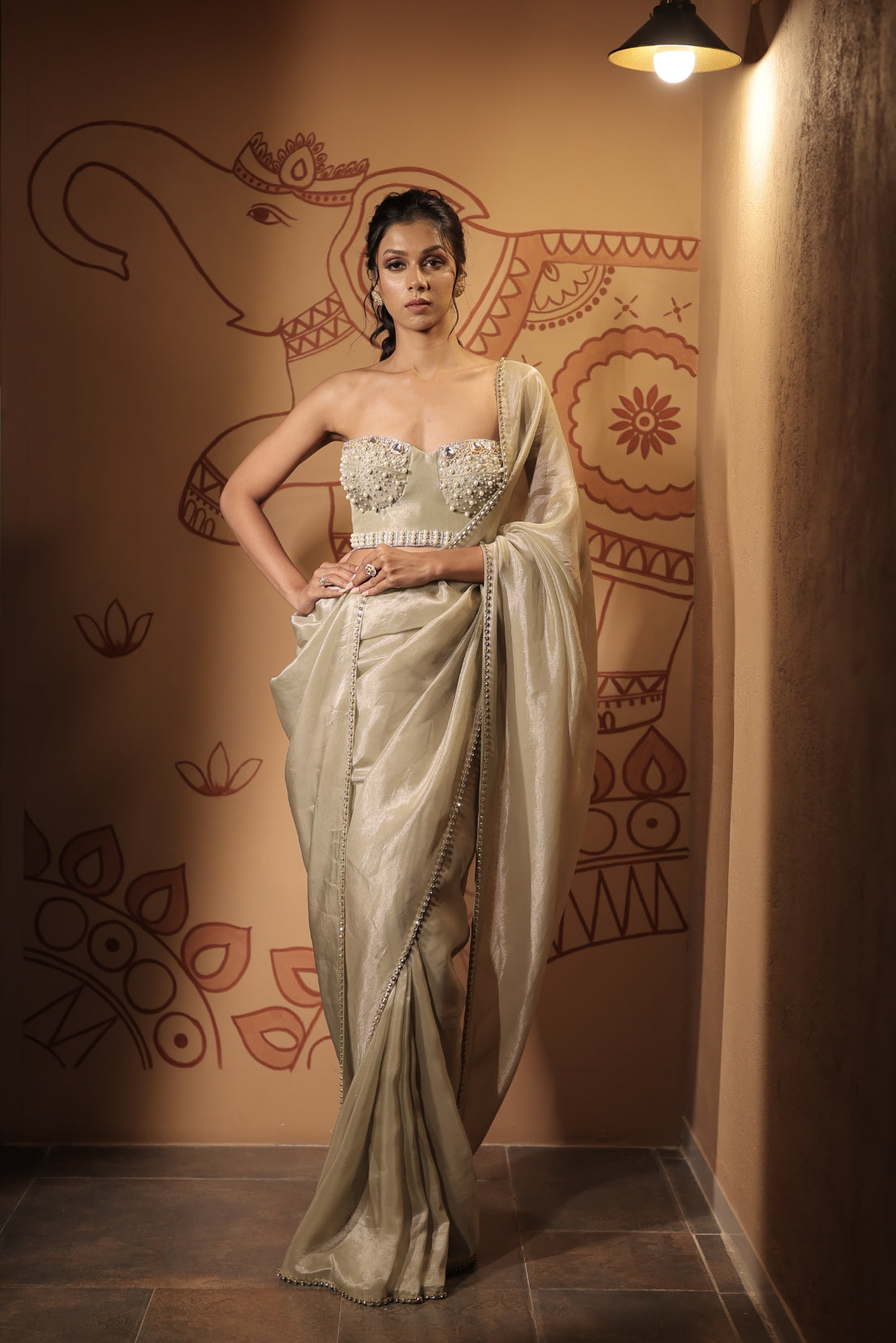 Pastel Green Tissue Saree Set